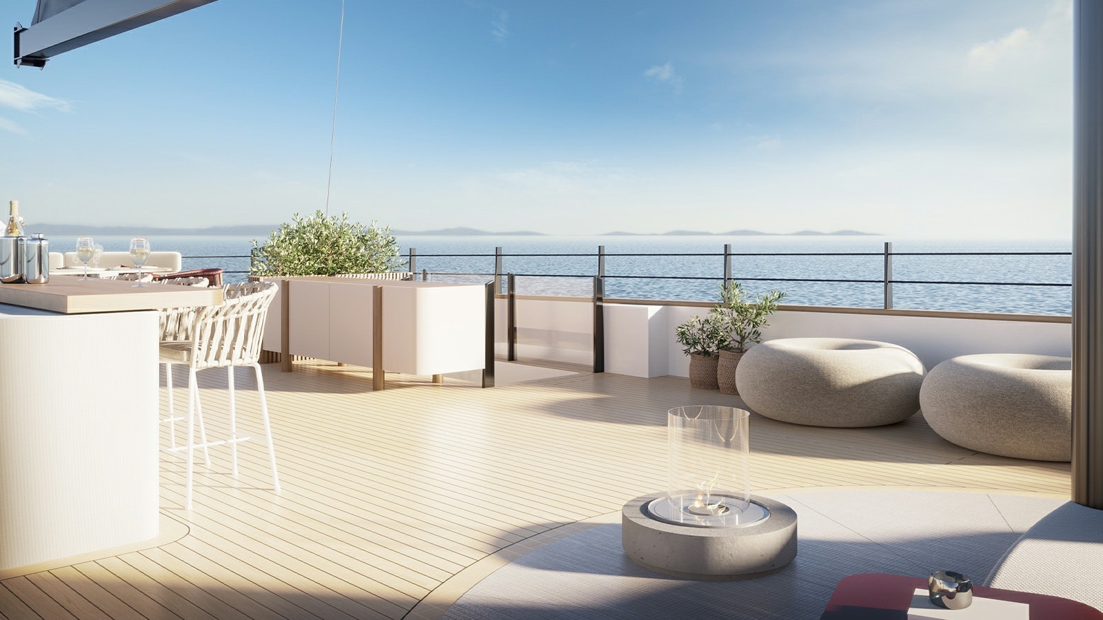 a room with a table and chairs and a view of the ocean aboard REPOSADO Yacht for Charter