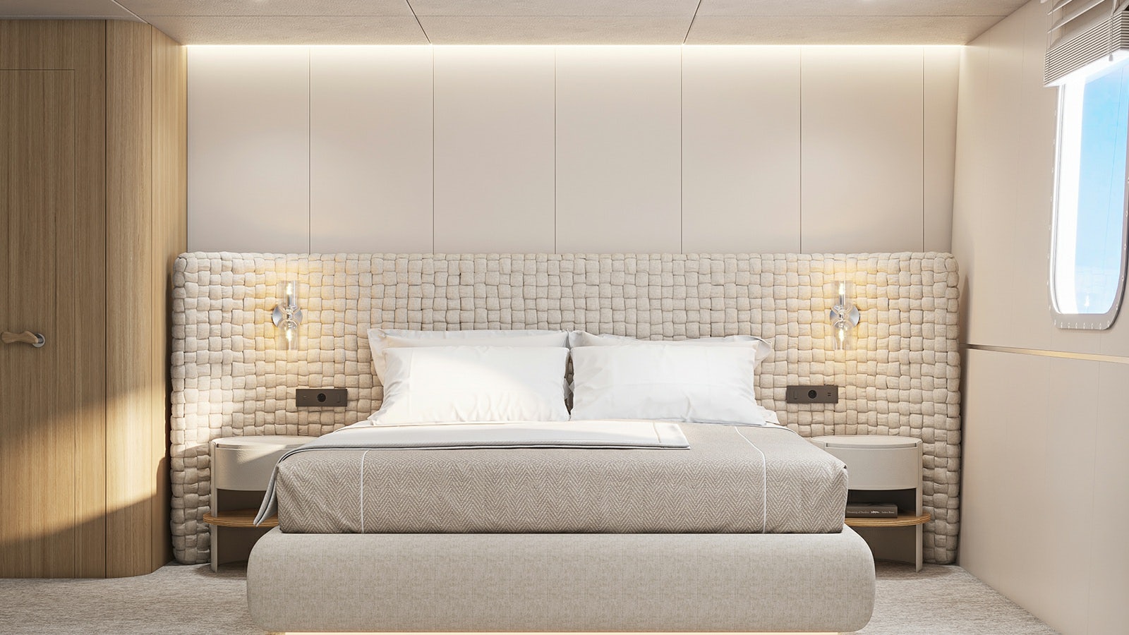 a bed in a room aboard REPOSADO Yacht for Charter