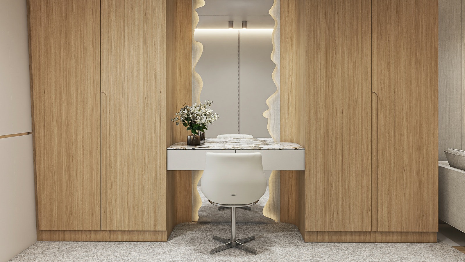 a white table in a room aboard REPOSADO Yacht for Charter