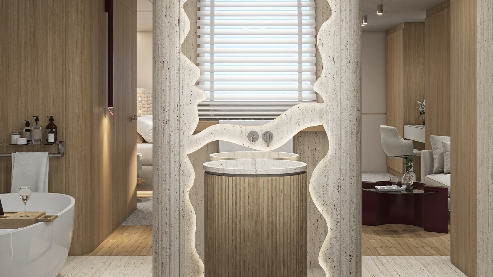 a room with a large wood structure aboard REPOSADO Yacht for Charter