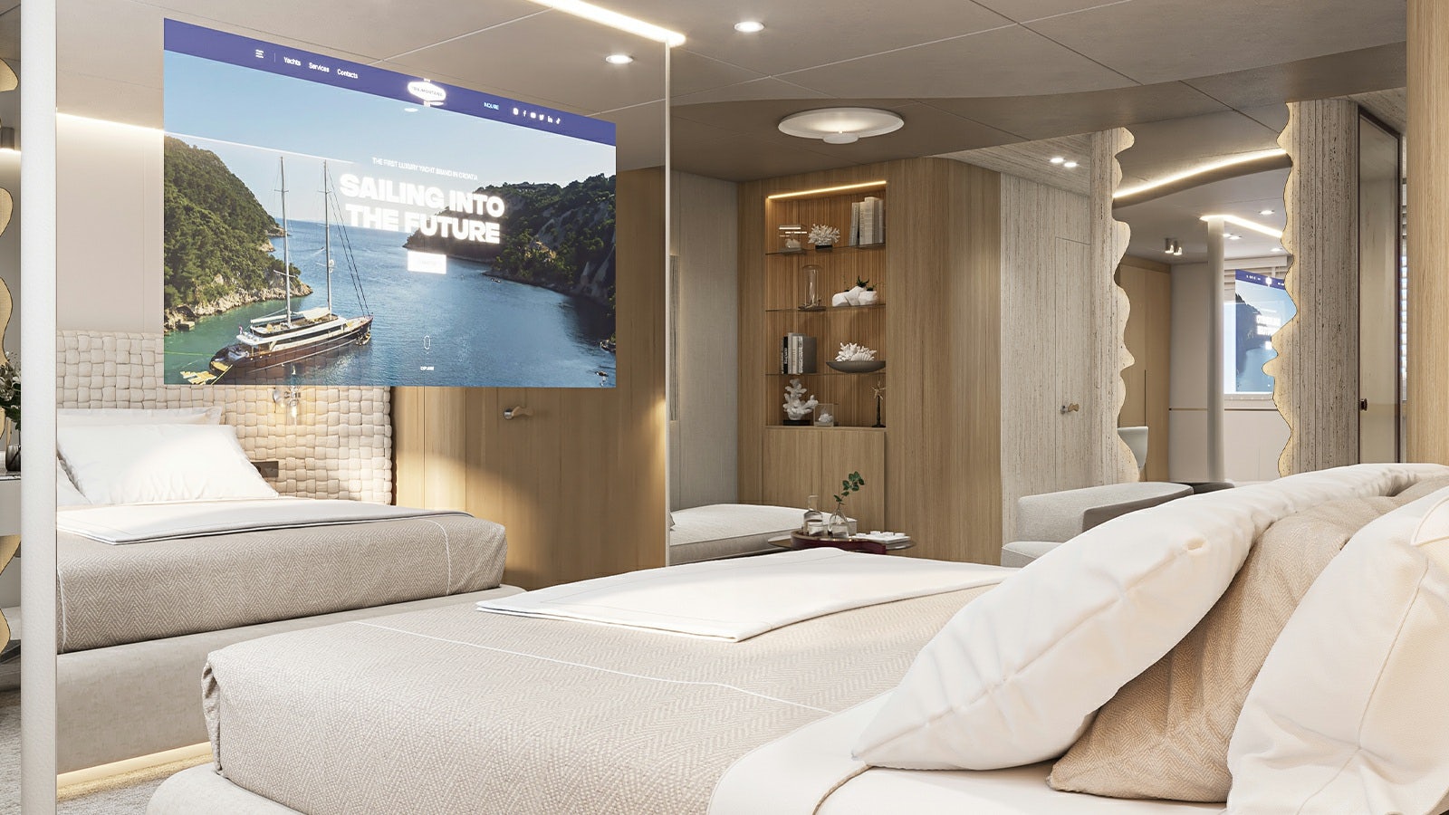 a room with a large window and a bed aboard REPOSADO Yacht for Charter
