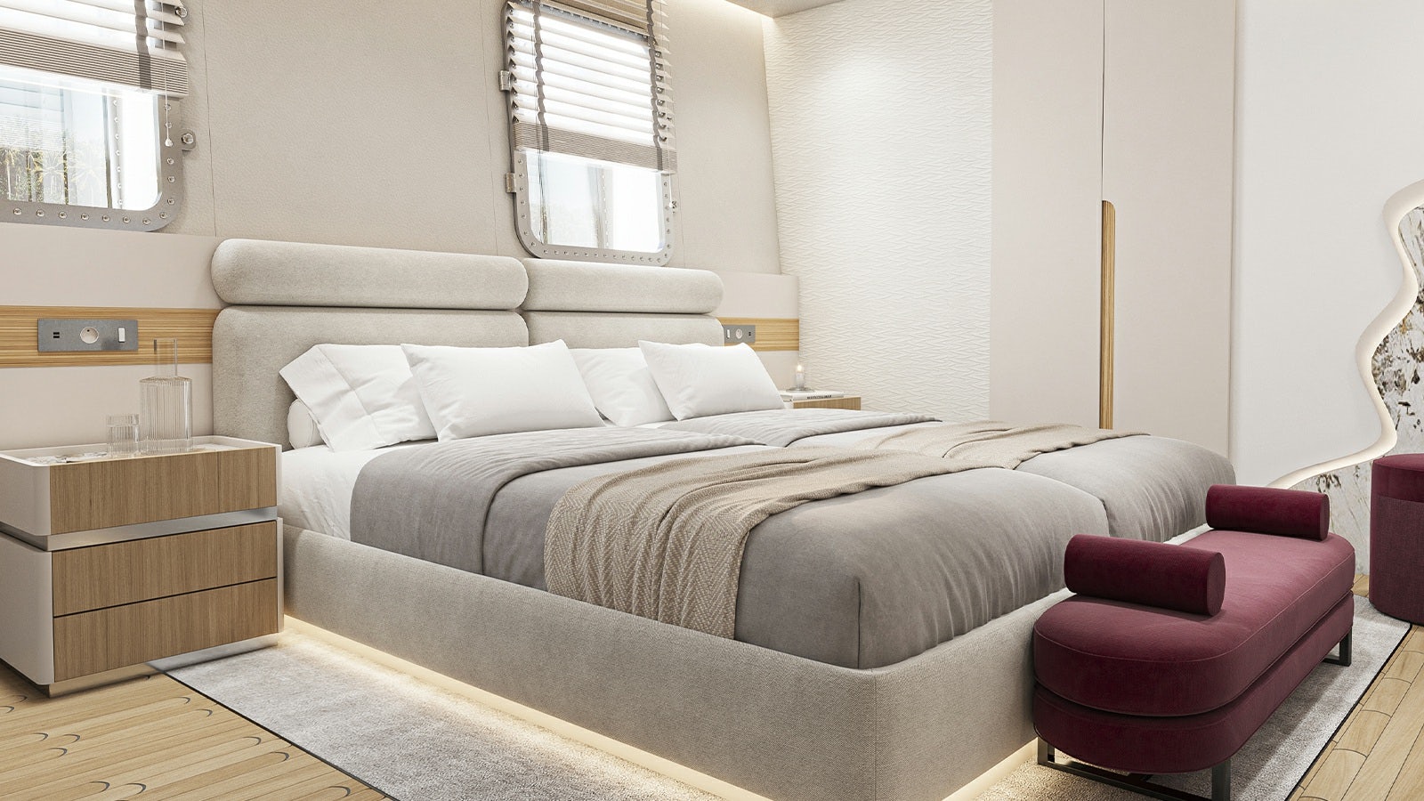 a bed in a room aboard REPOSADO Yacht for Charter