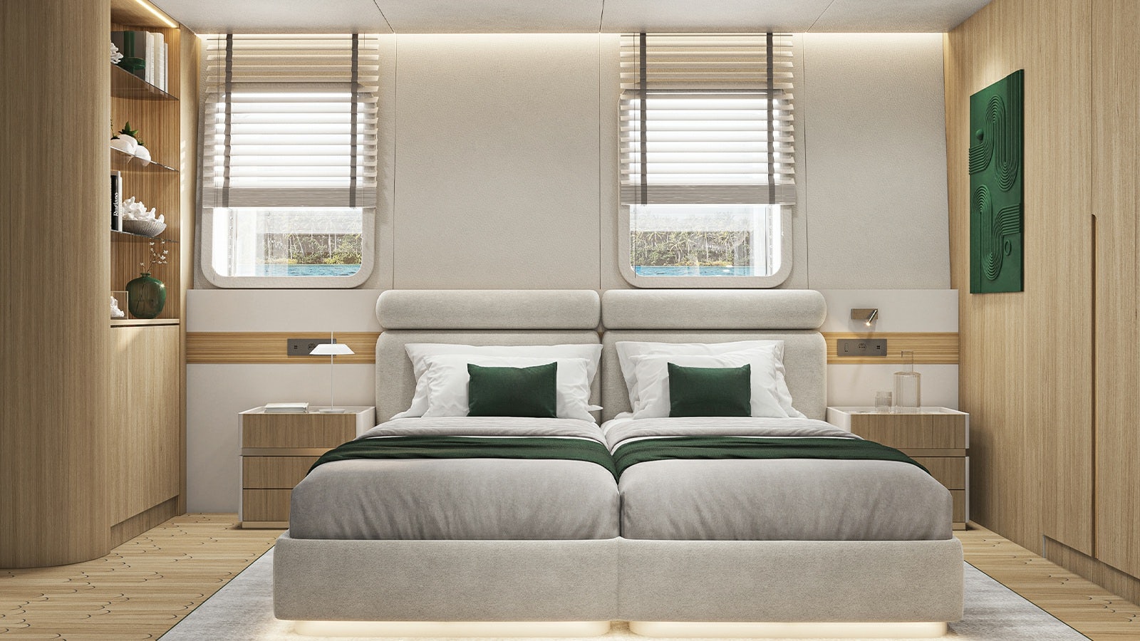 a bed in a room aboard REPOSADO Yacht for Charter