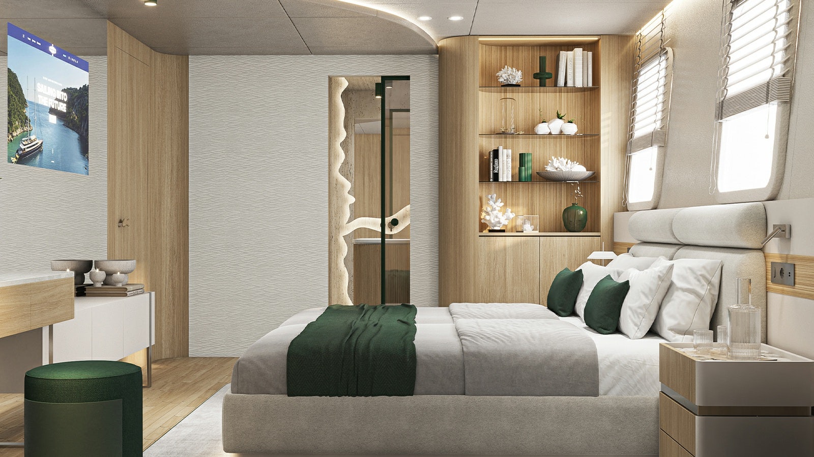 a living room with a large window aboard REPOSADO Yacht for Charter