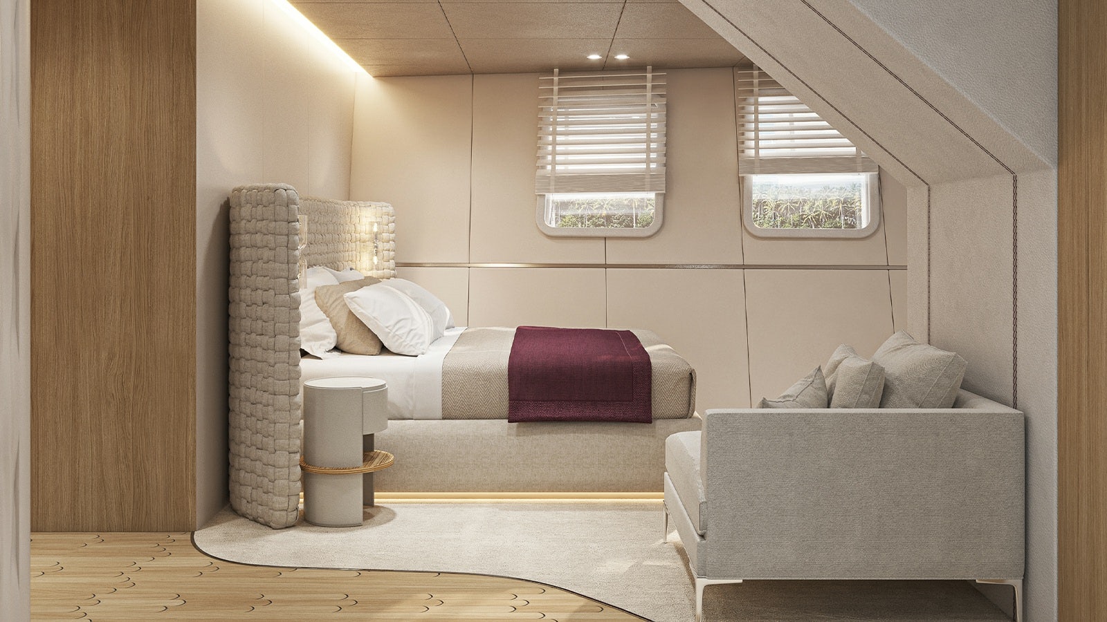 a bed in a room aboard REPOSADO Yacht for Charter