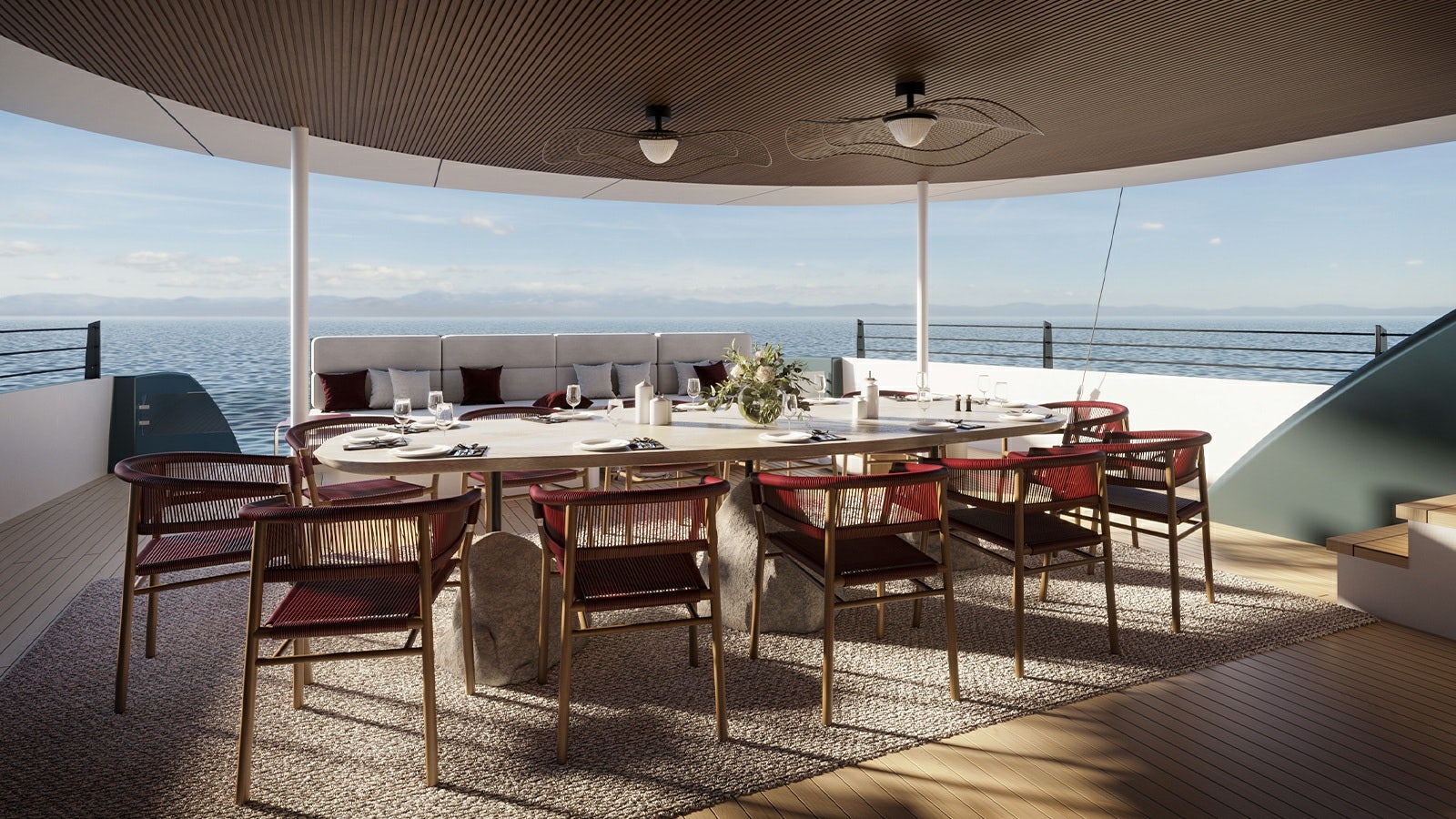 a table and chairs on a deck aboard REPOSADO Yacht for Charter