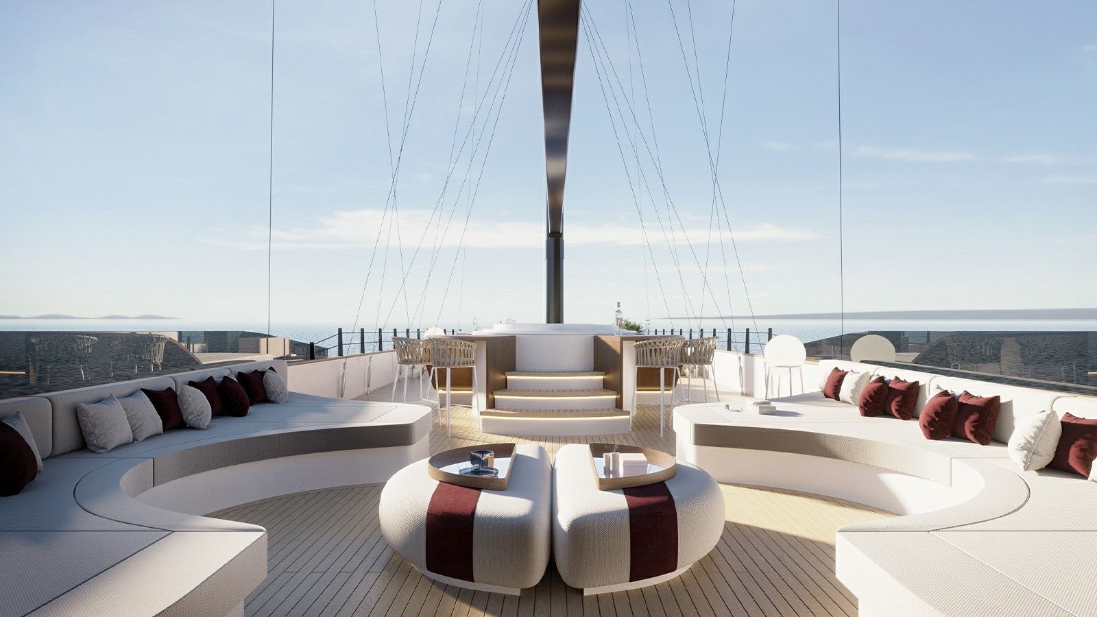 a room with a view of the ocean and the patio aboard REPOSADO Yacht for Charter