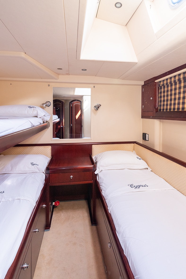 a room with two beds aboard CYGNUS OF ANGLESEY Yacht for Sale