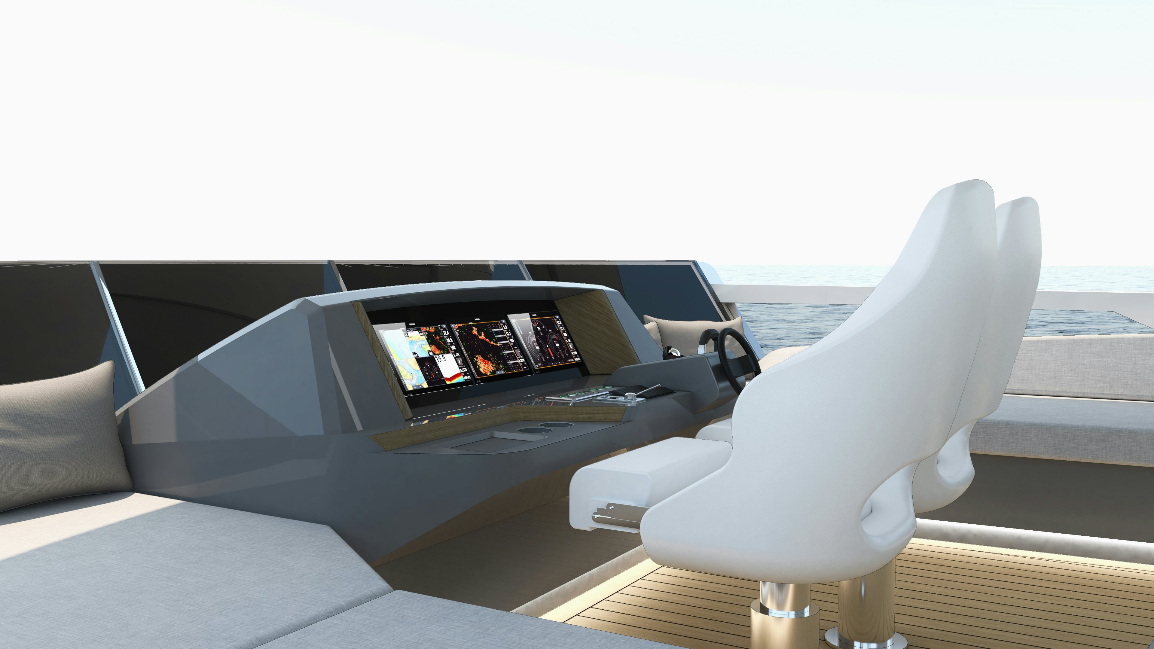 a white chair with a black box on it and a white chair in the background aboard KANDO 110 Yacht for Sale