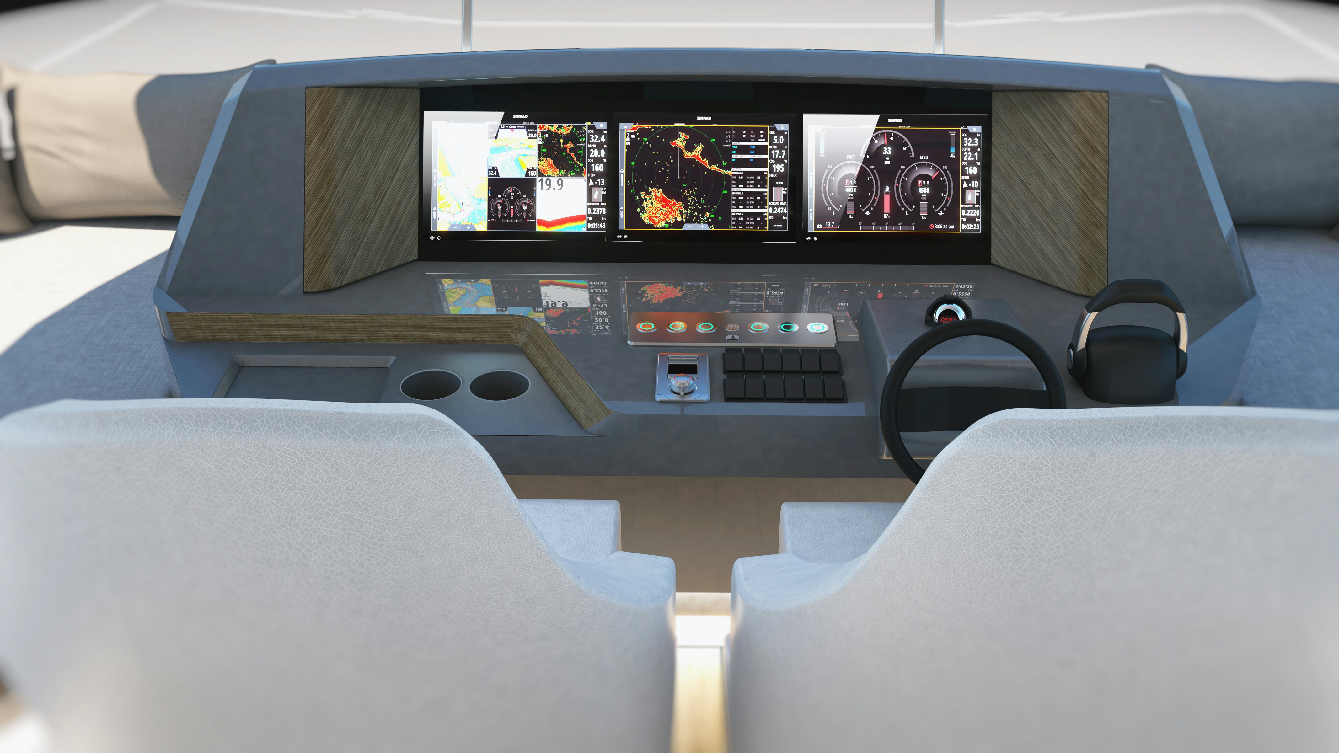 a table with a television and a couch aboard KANDO 110 Yacht for Sale