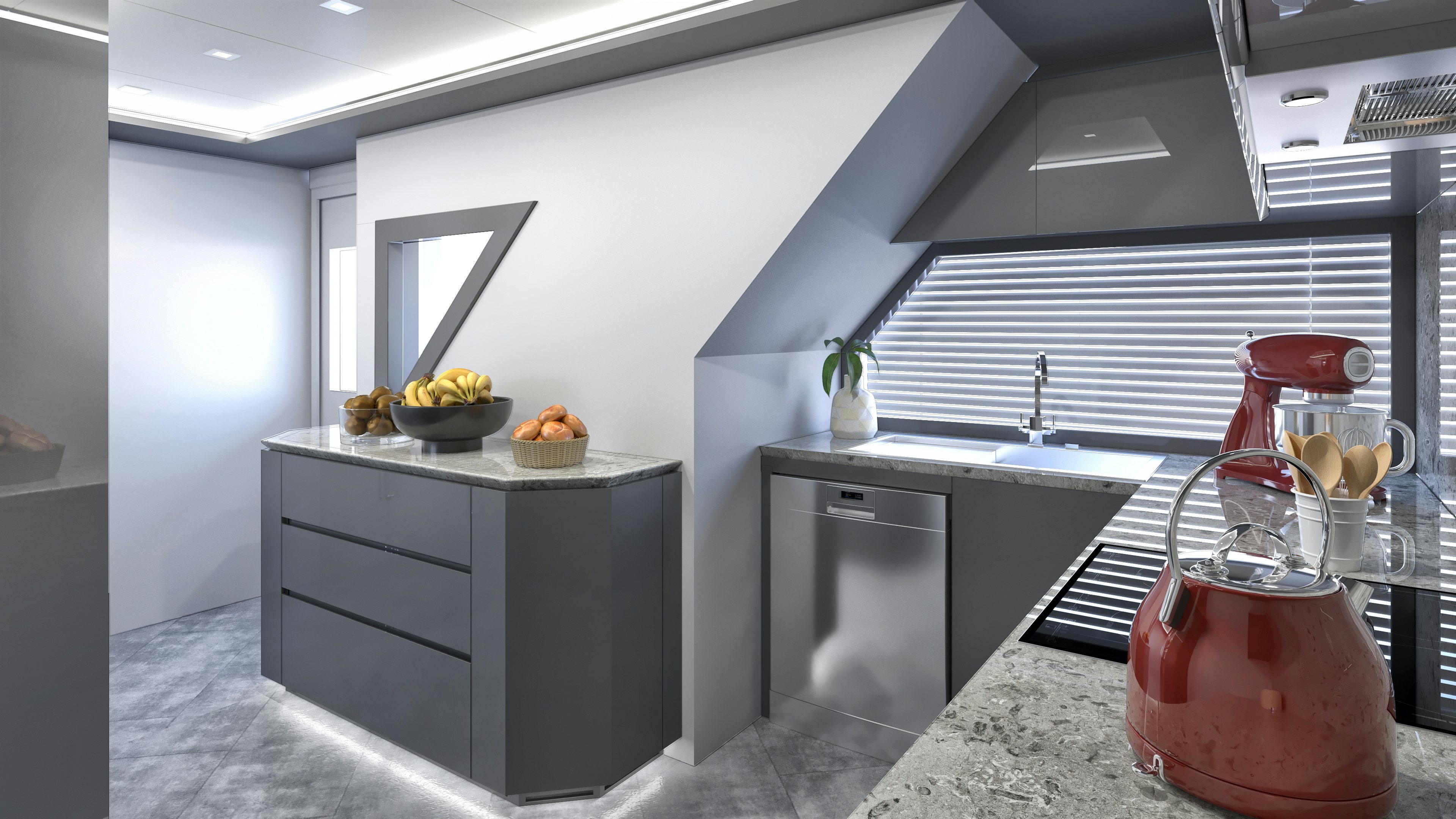 a kitchen with a countertop sink and a stove aboard KANDO 110 Yacht for Sale