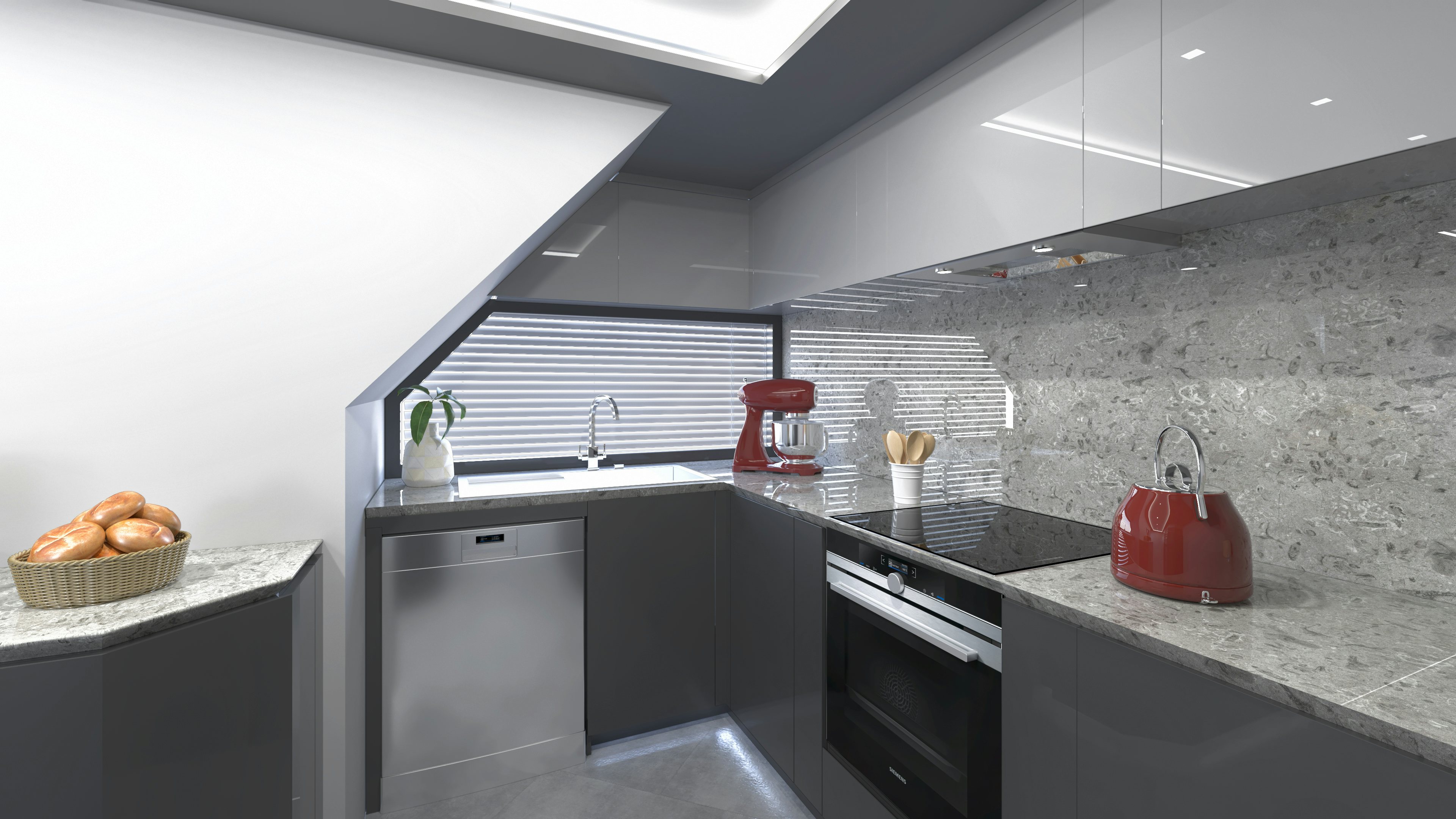 a kitchen with a red tea kettle aboard KANDO 110 Yacht for Sale