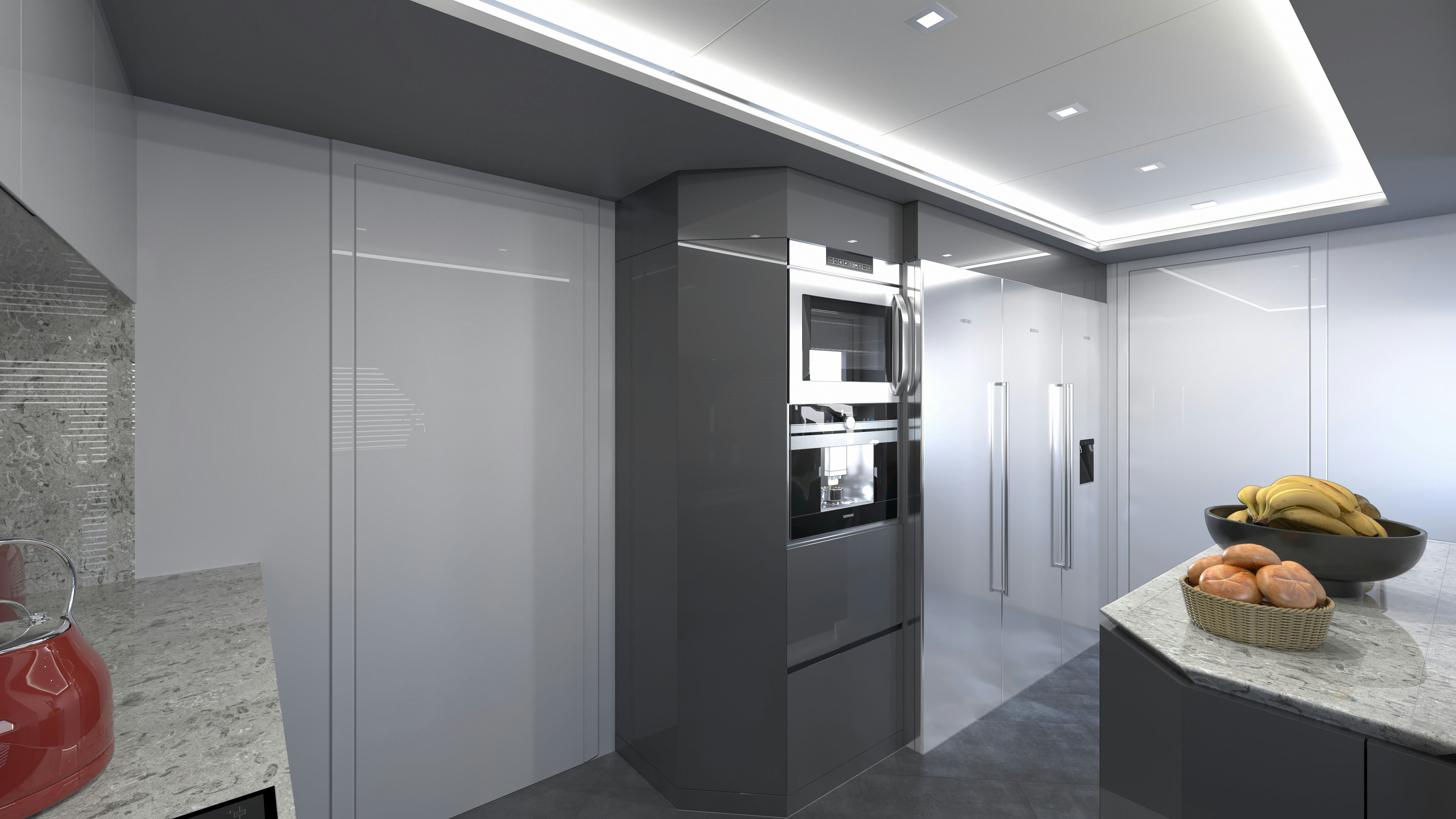 a kitchen with a bowl of fruit aboard KANDO 110 Yacht for Sale