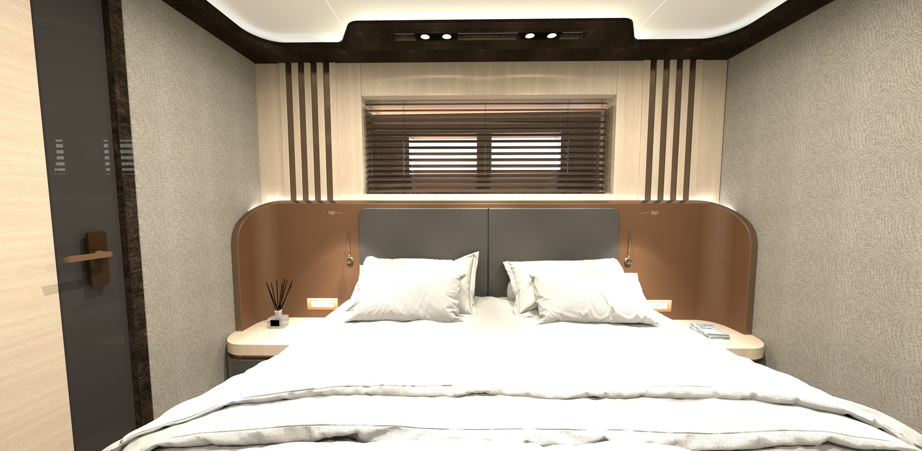 a bed with white sheets aboard KANDO 110 Yacht for Sale