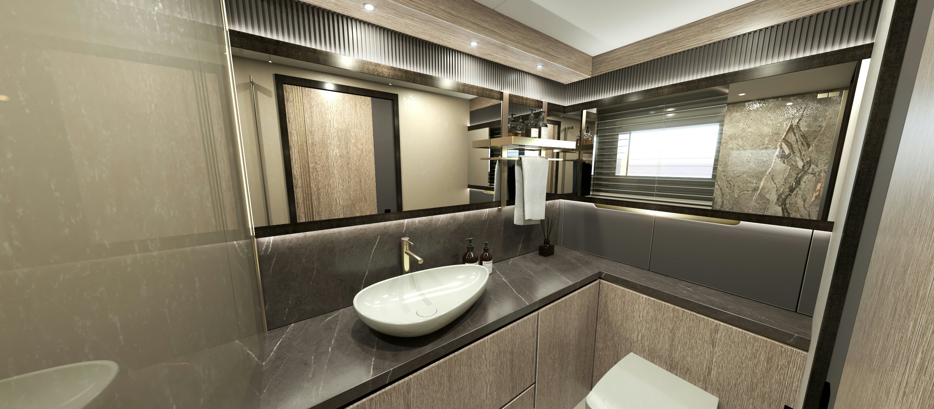 a bathroom with a sink and a large mirror aboard KANDO 110 Yacht for Sale
