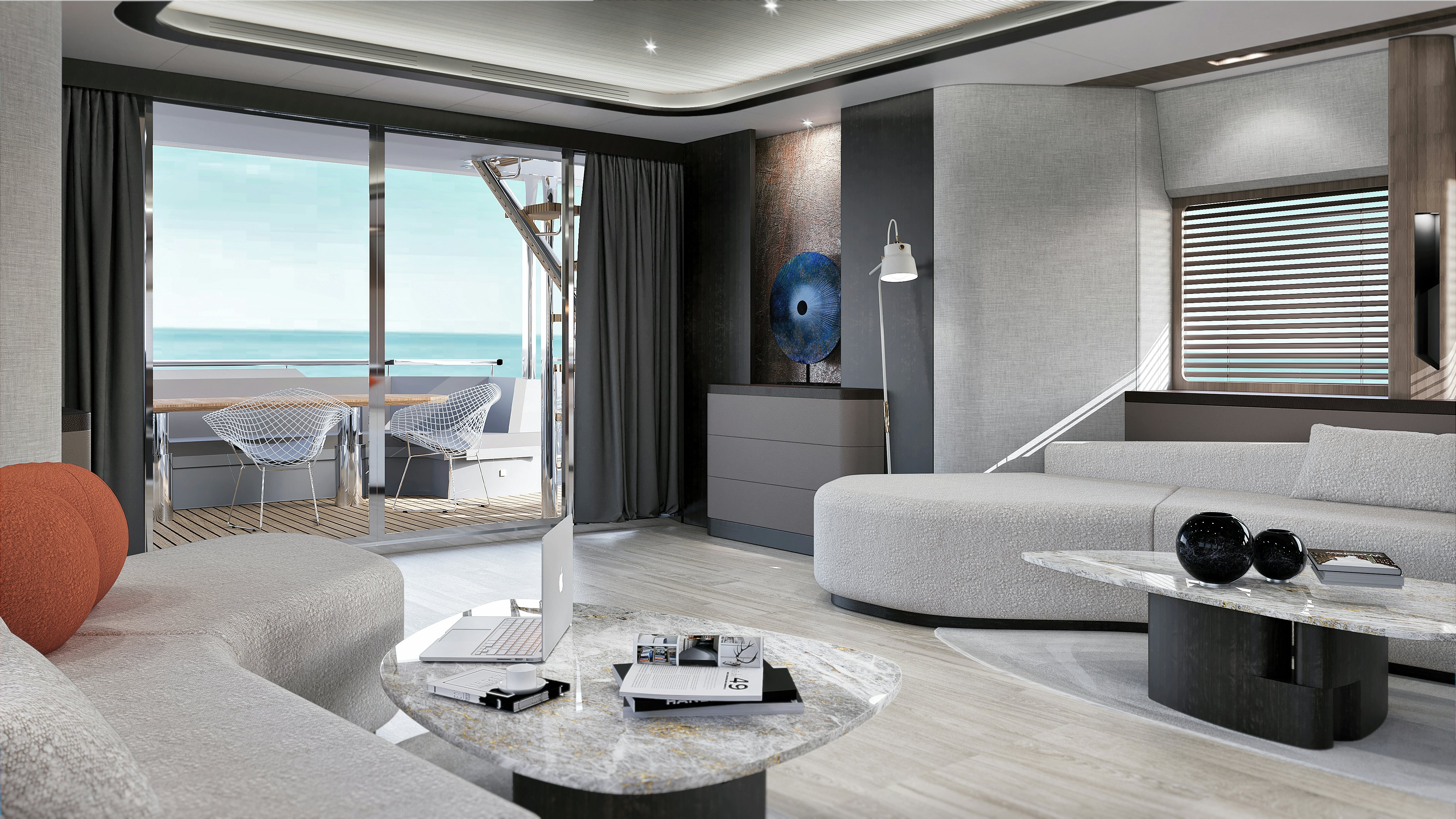 a living room with a large window aboard KANDO 110 Yacht for Sale