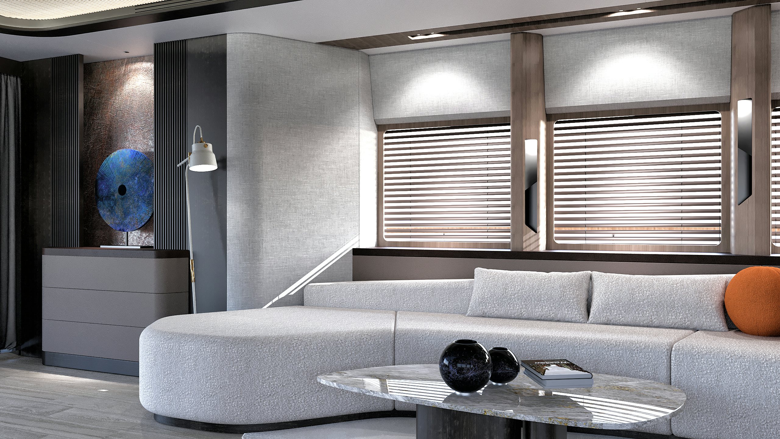 a living room with a couch and a table aboard KANDO 110 Yacht for Sale