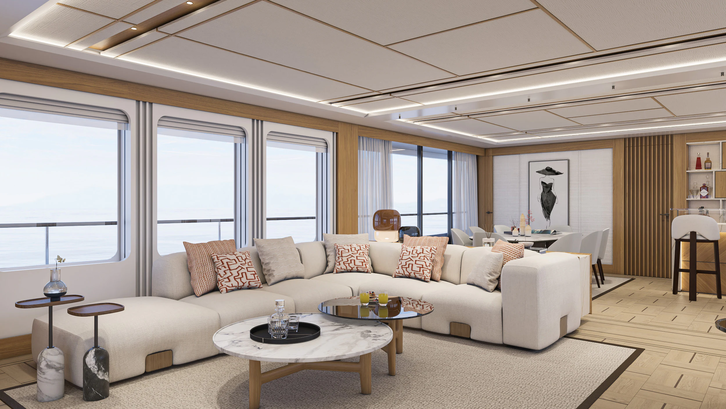 a living room with a couch and a table aboard NUMARINE 38XPC Yacht for Sale