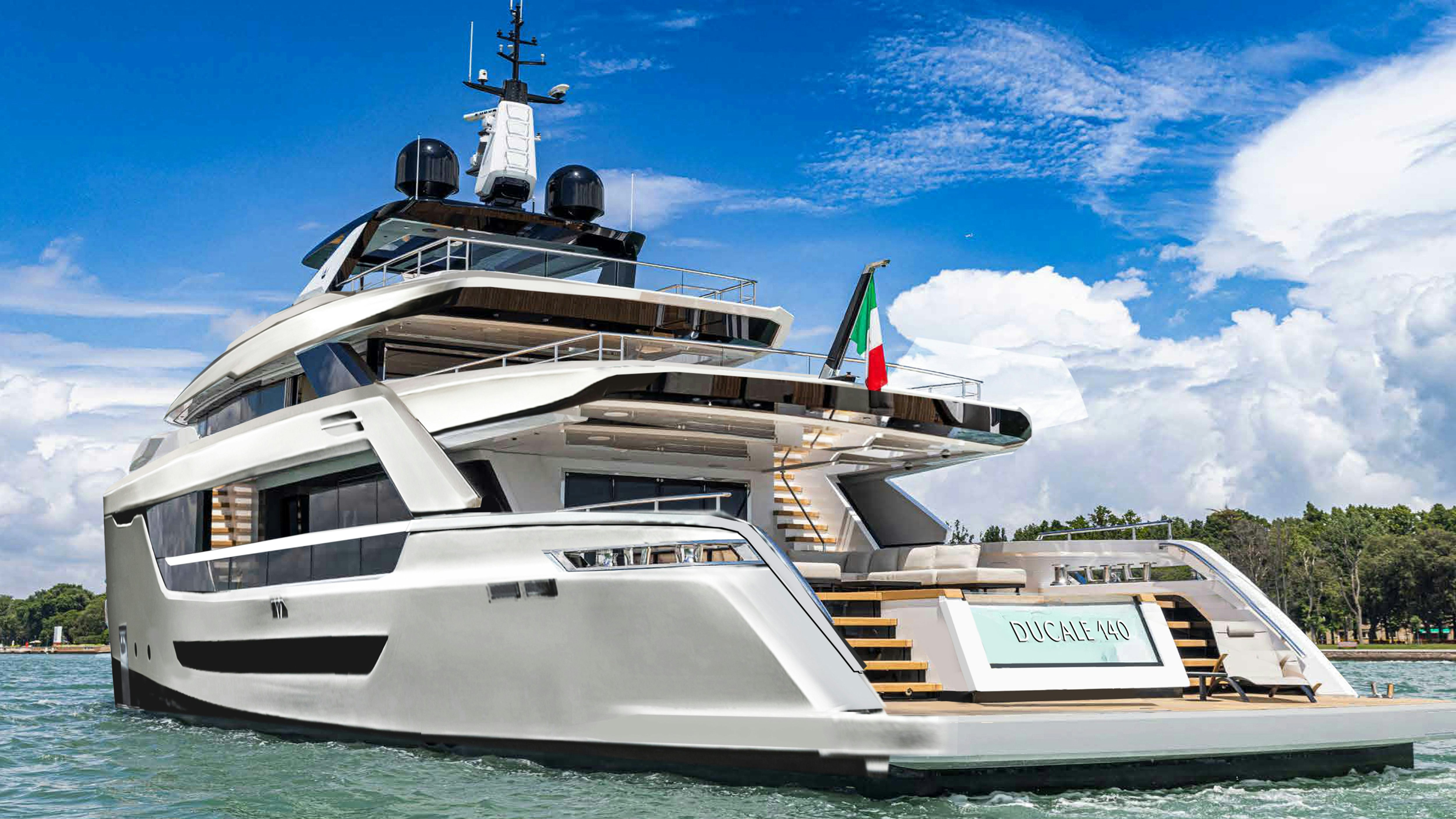 a white yacht on water aboard OCEAN KING DUCALE 140 Yacht for Sale