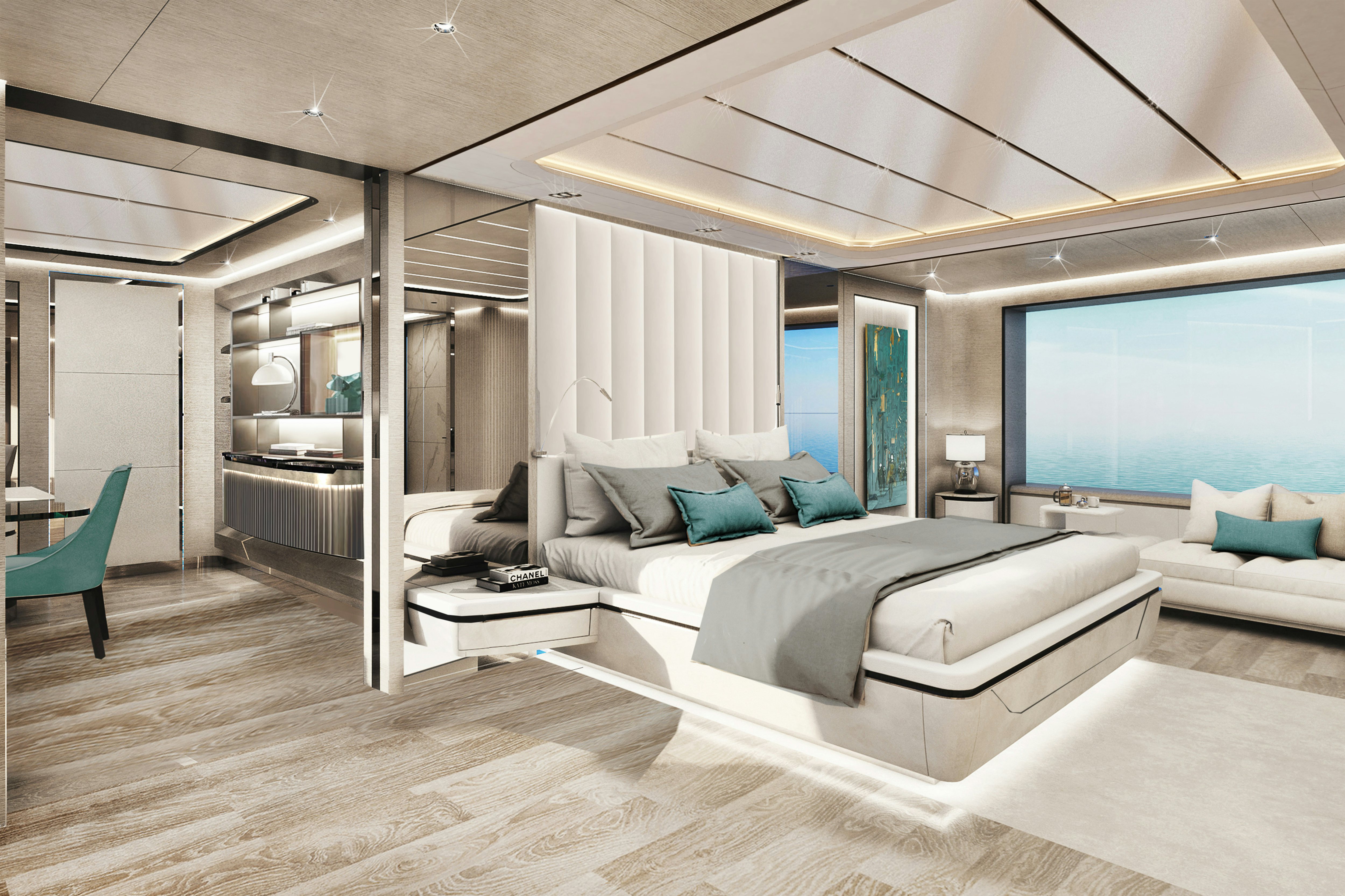 a room with a large bed and a large window aboard OCEAN KING DUCALE 140 Yacht for Sale