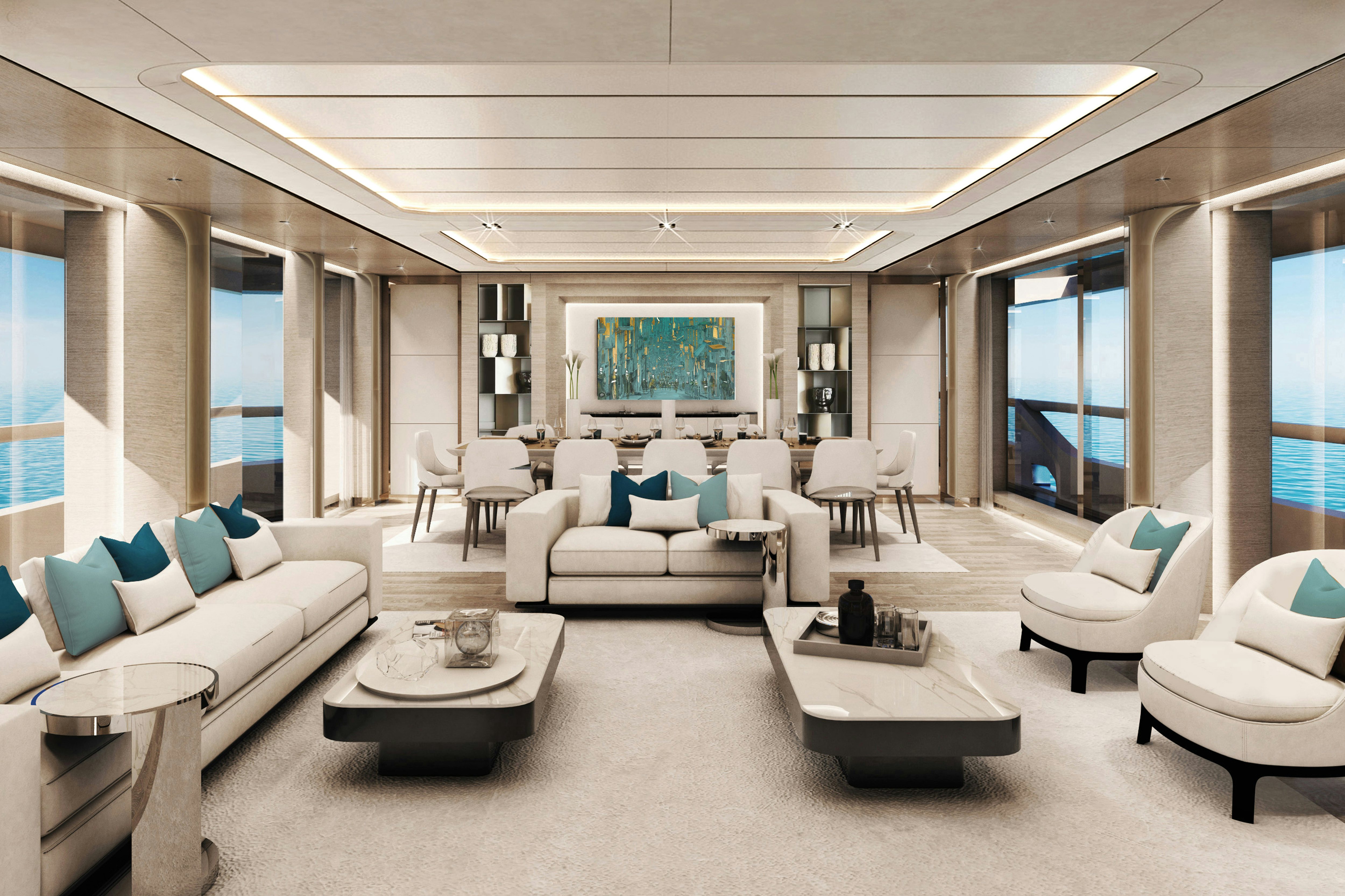 a room with a couch and a table and chairs aboard OCEAN KING DUCALE 140 Yacht for Sale