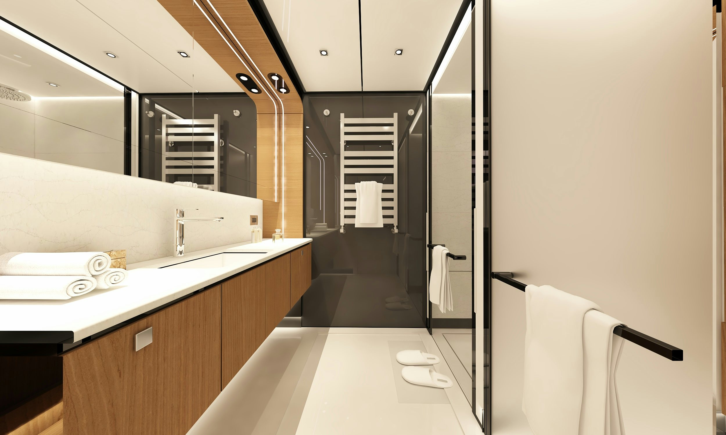 a bathroom with a large mirror aboard XPM85 Yacht for Sale