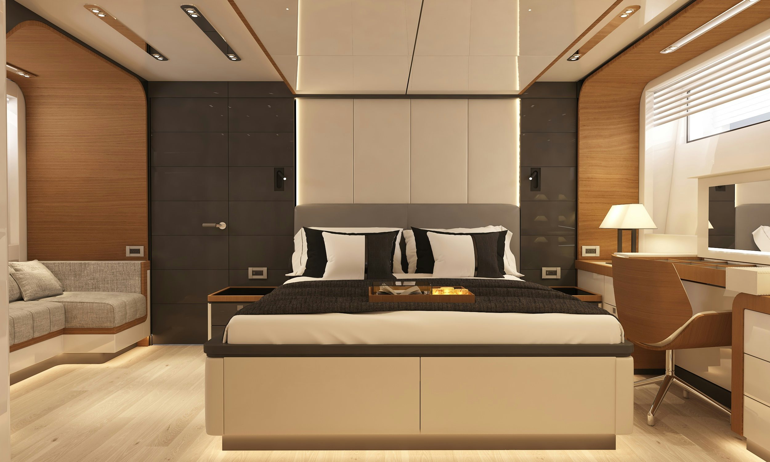 a large bed in a room aboard XPM85 Yacht for Sale