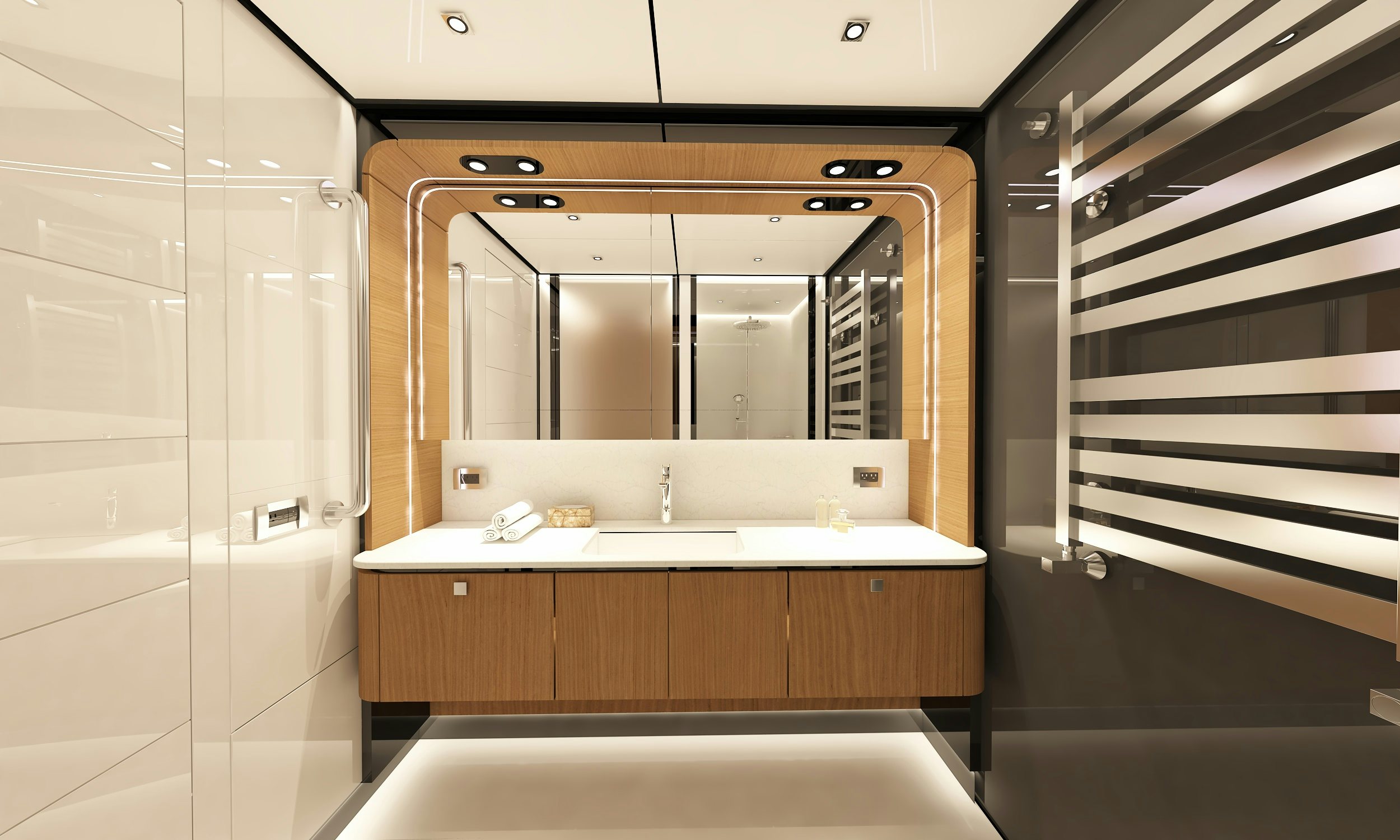 a bathroom with a large mirror aboard XPM85 Yacht for Sale