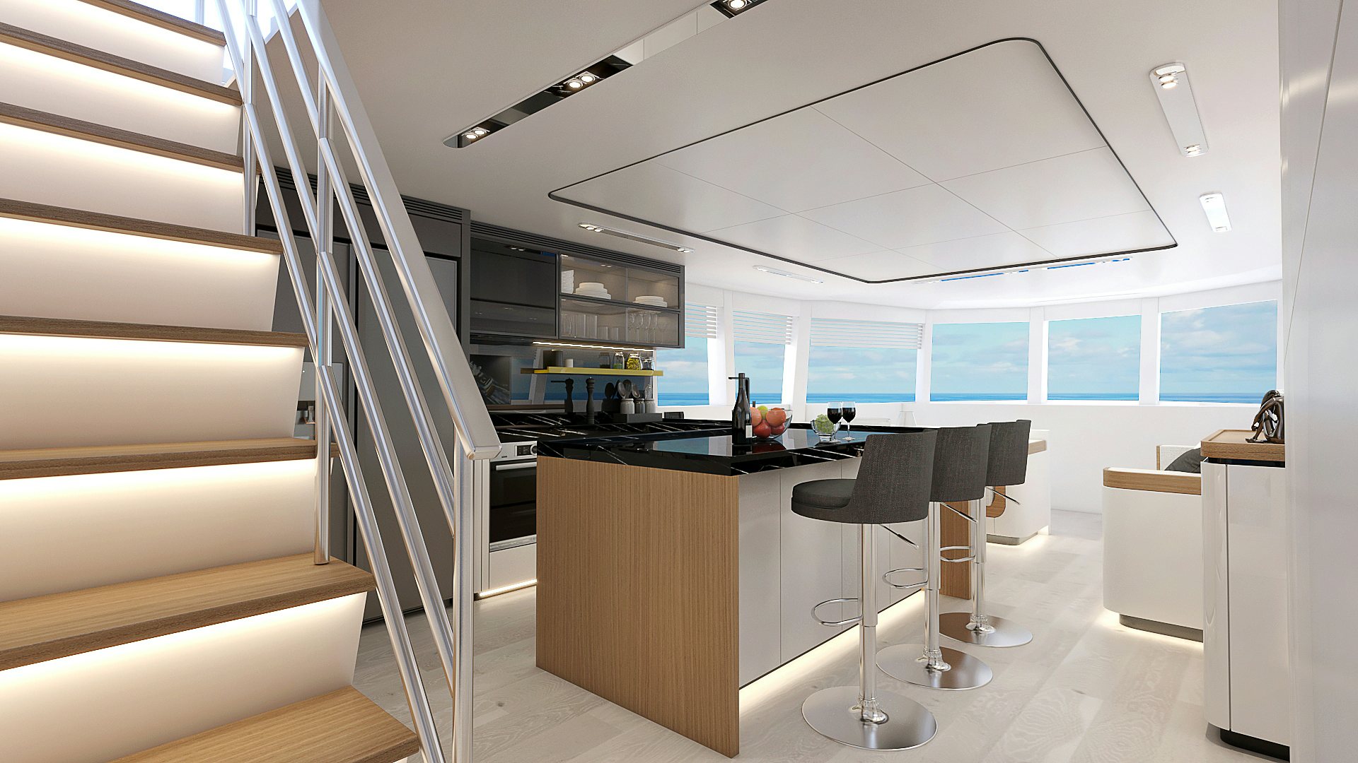 a room with a ladder and a table and chairs aboard XPM85 Yacht for Sale
