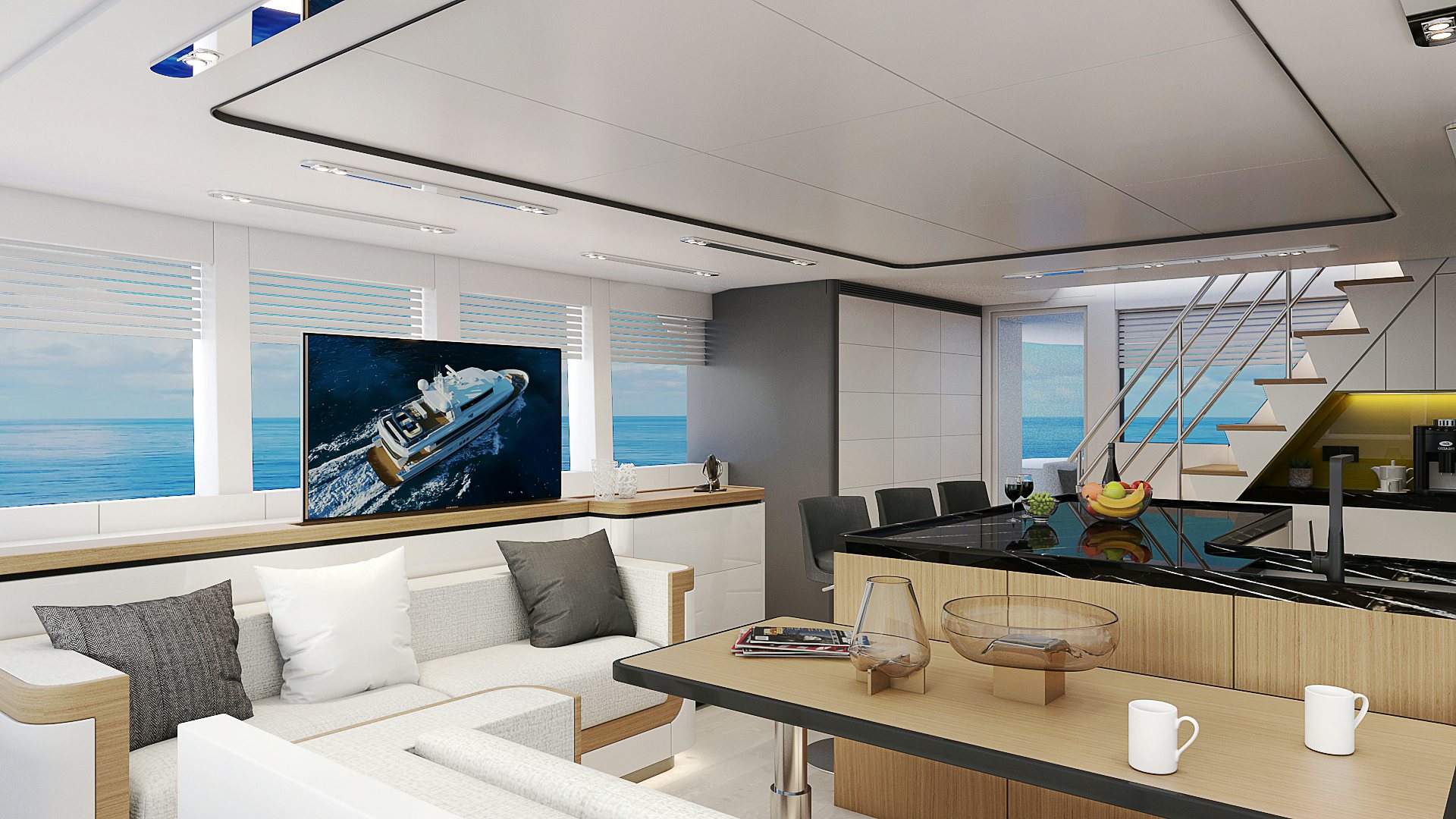 a room with a couch and a table and a tv aboard XPM85 Yacht for Sale
