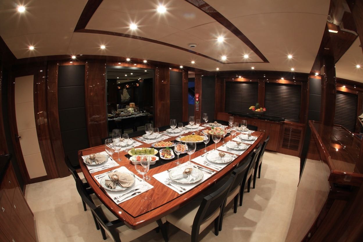 a large dining room with tables and chairs aboard KATARIINA I Yacht for Charter