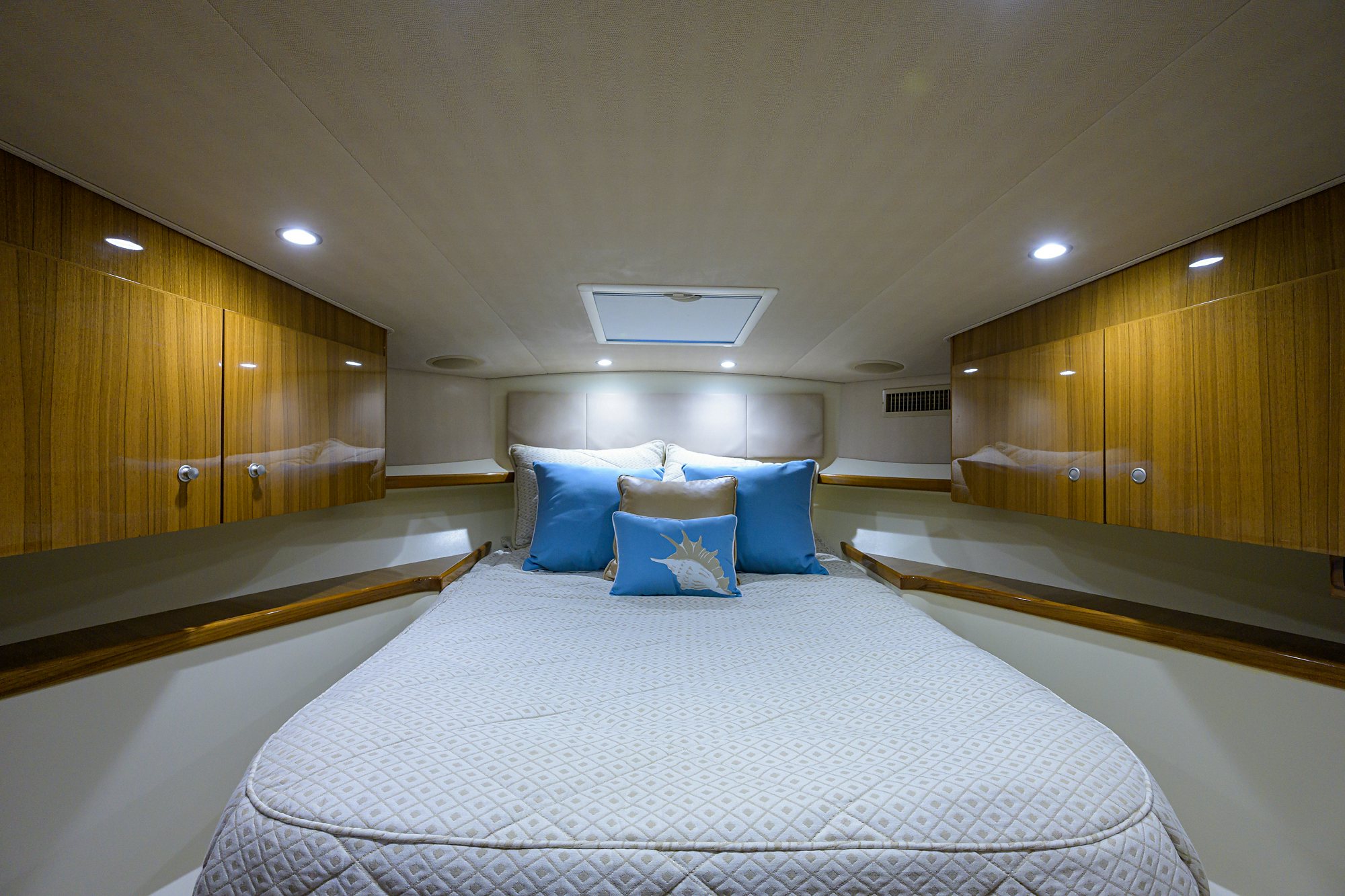 a large bed in a hotel room aboard GALENE Yacht for Sale