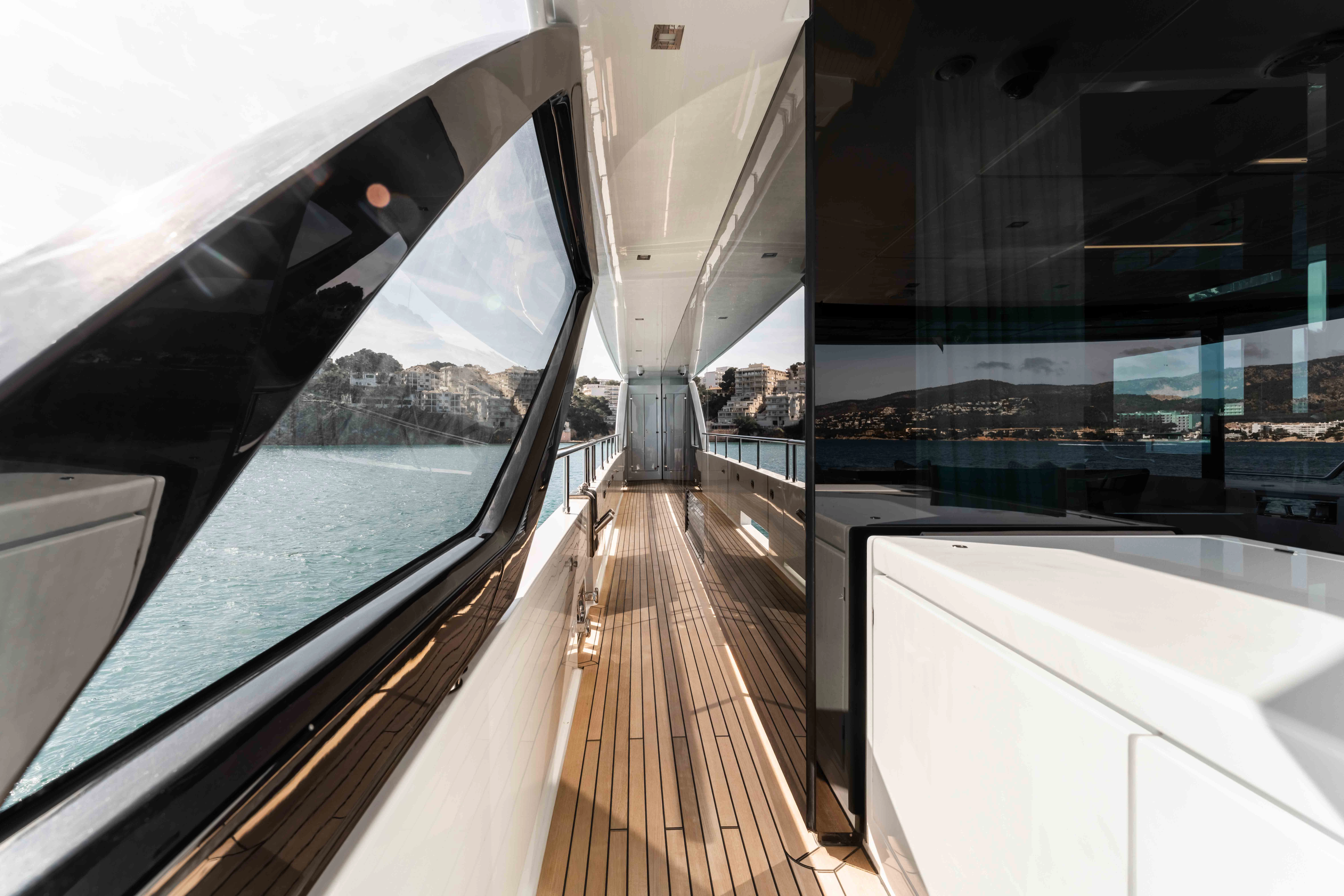 a long wooden walkway aboard ELYSIUM I Yacht for Sale