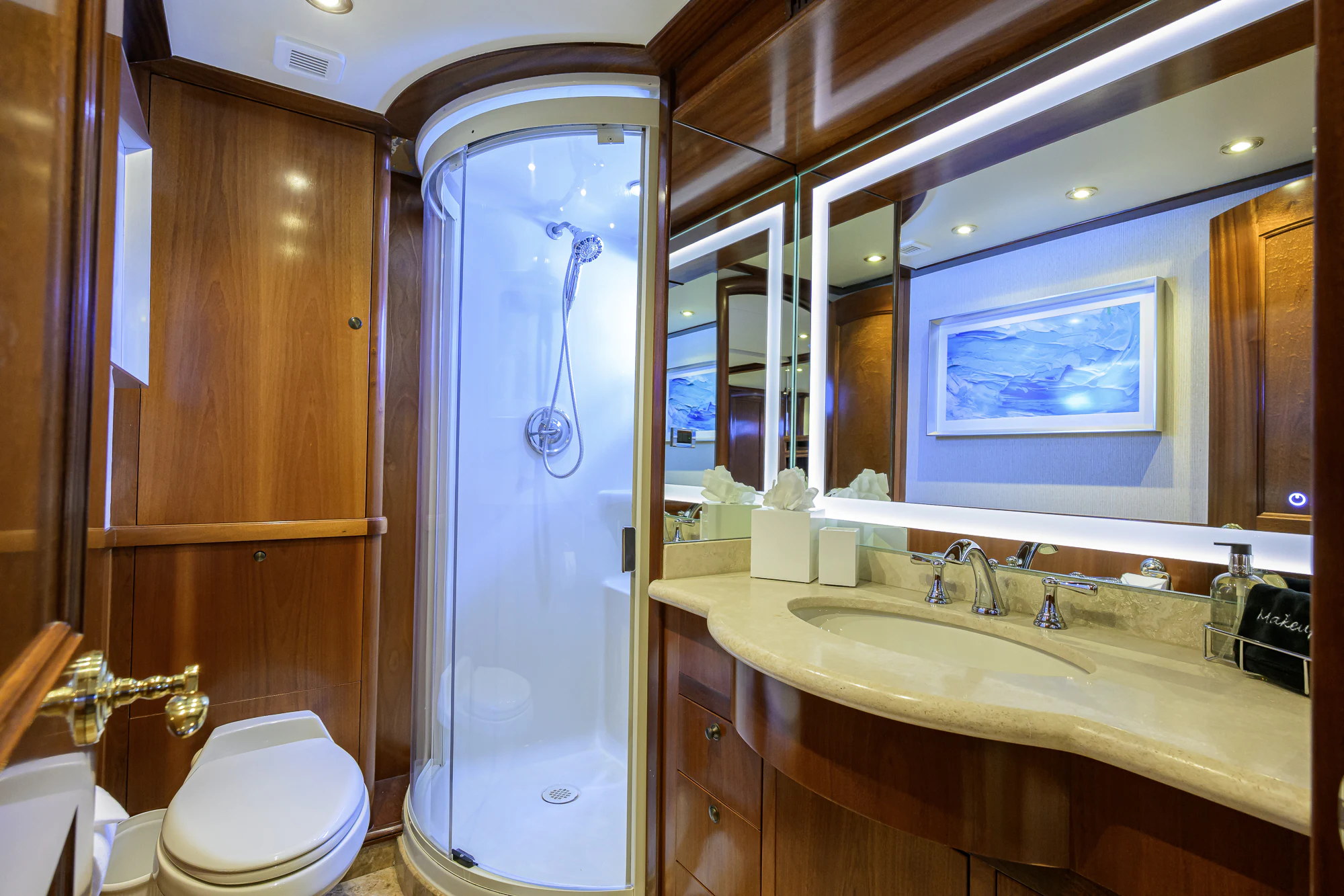 a bathroom with a shower and sink aboard MARBELLA IV Yacht for Sale