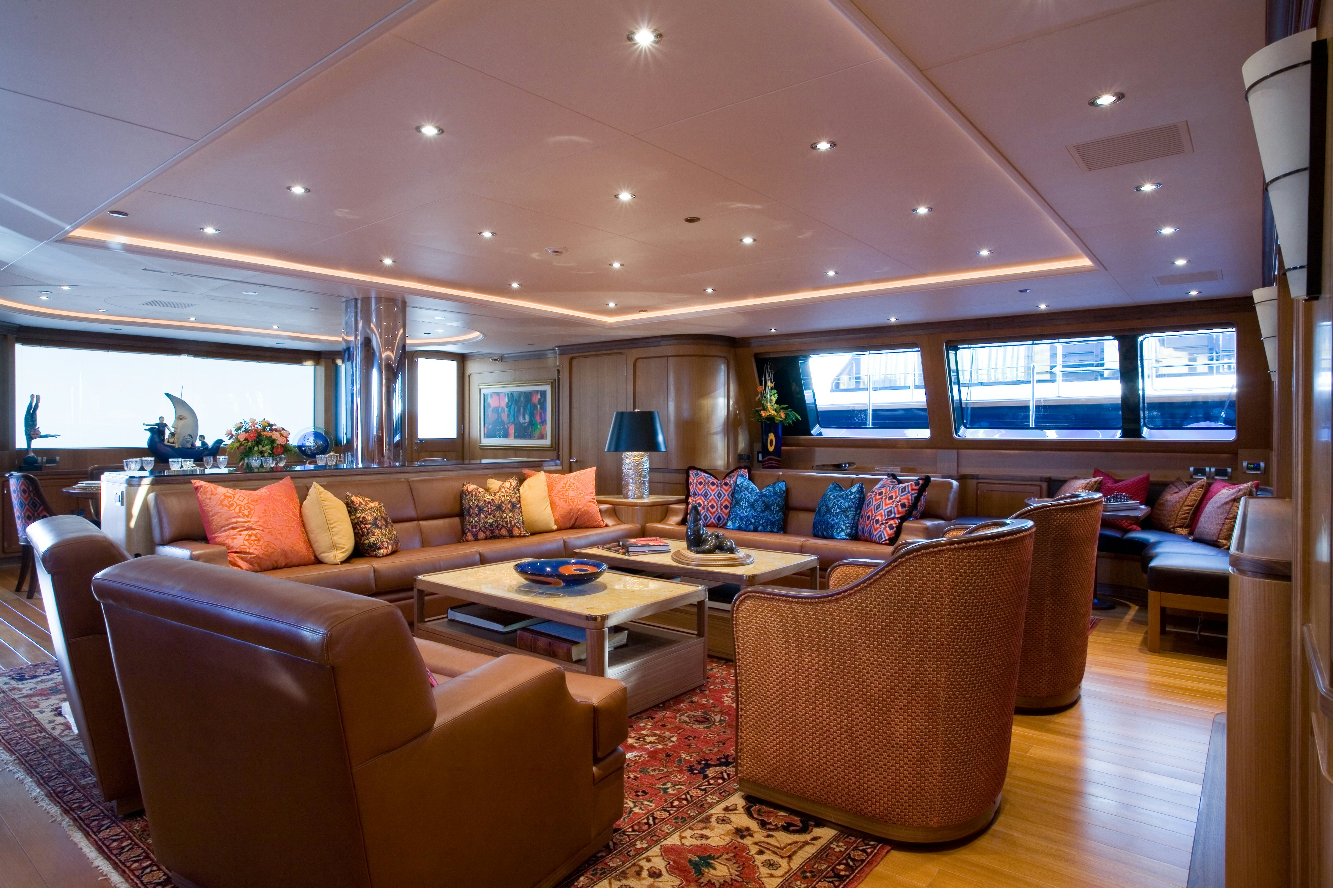 a living room with a large window aboard TAMSEN Yacht for Sale