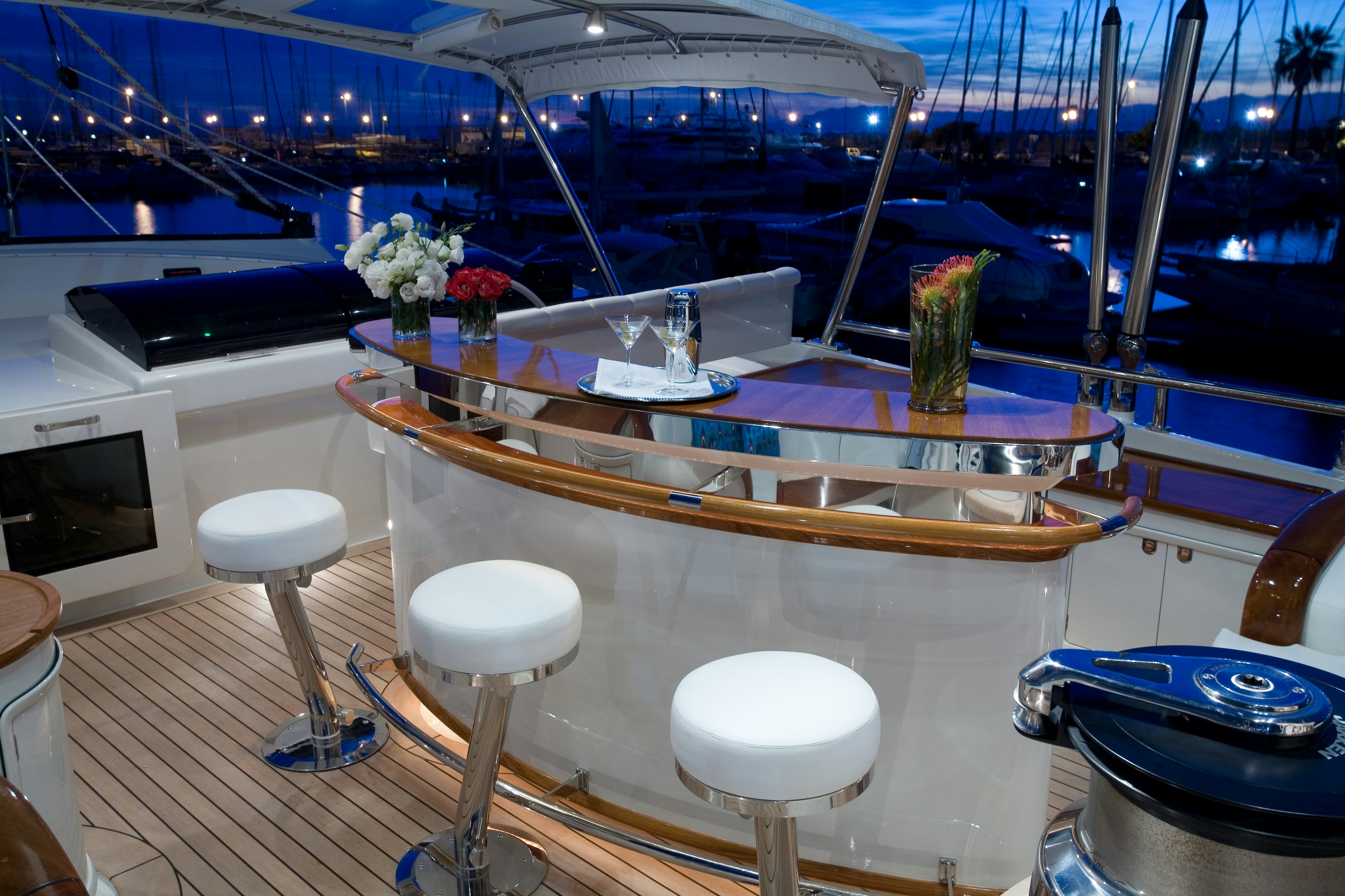 a table with stools and stools on it aboard TAMSEN Yacht for Sale