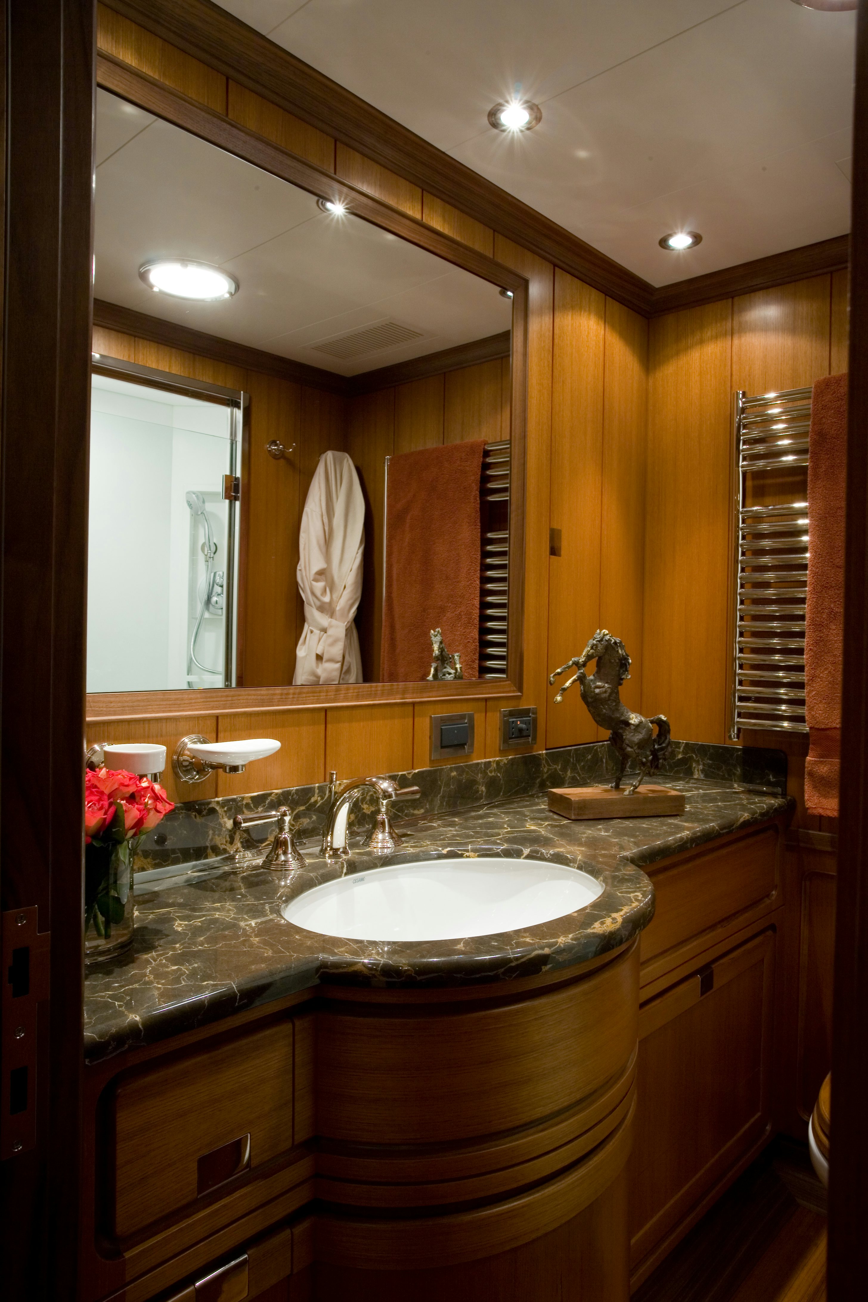 a bathroom with a large mirror aboard TAMSEN Yacht for Sale