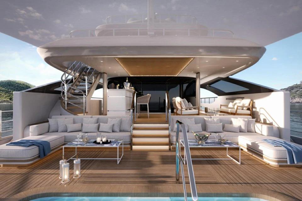 a modern house with a staircase aboard XWAVE Yacht for Charter