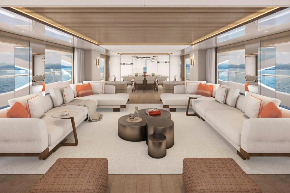 a living room with a large window aboard XWAVE Yacht for Charter