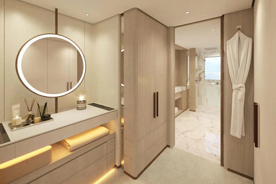a bathroom with a large mirror aboard XWAVE Yacht for Charter