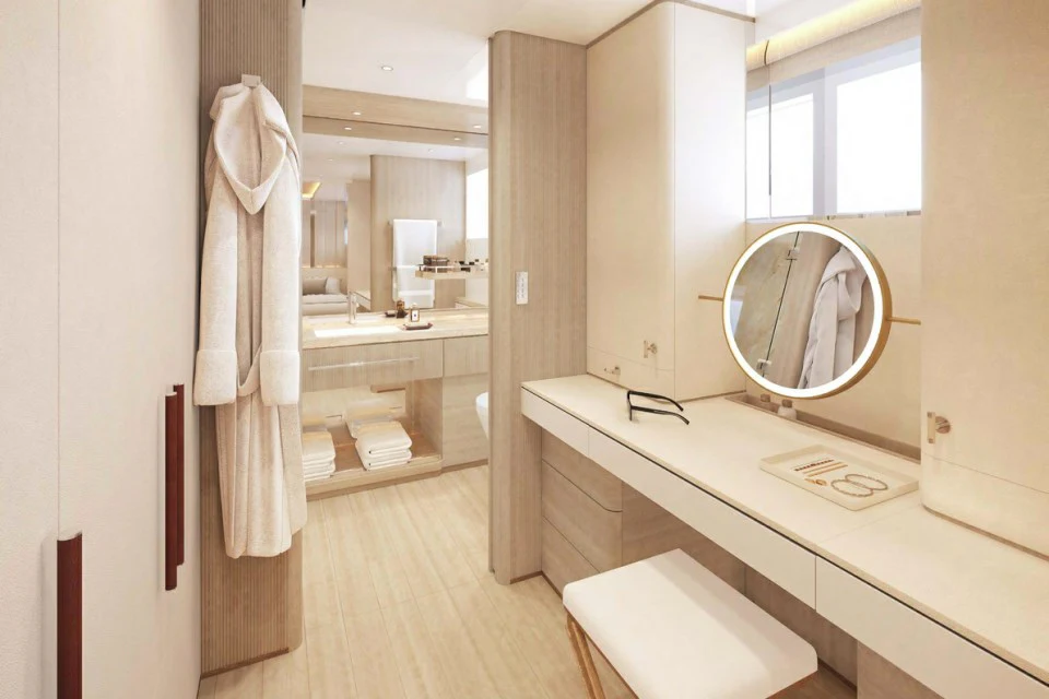 a bathroom with a large mirror aboard XWAVE Yacht for Charter