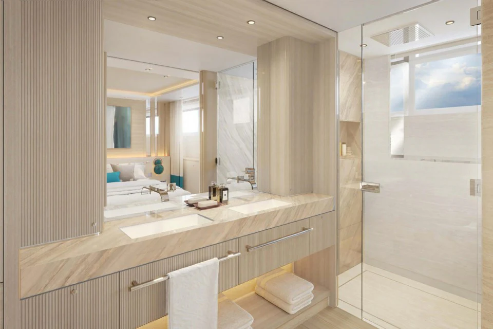 a bathroom with a large mirror aboard XWAVE Yacht for Charter