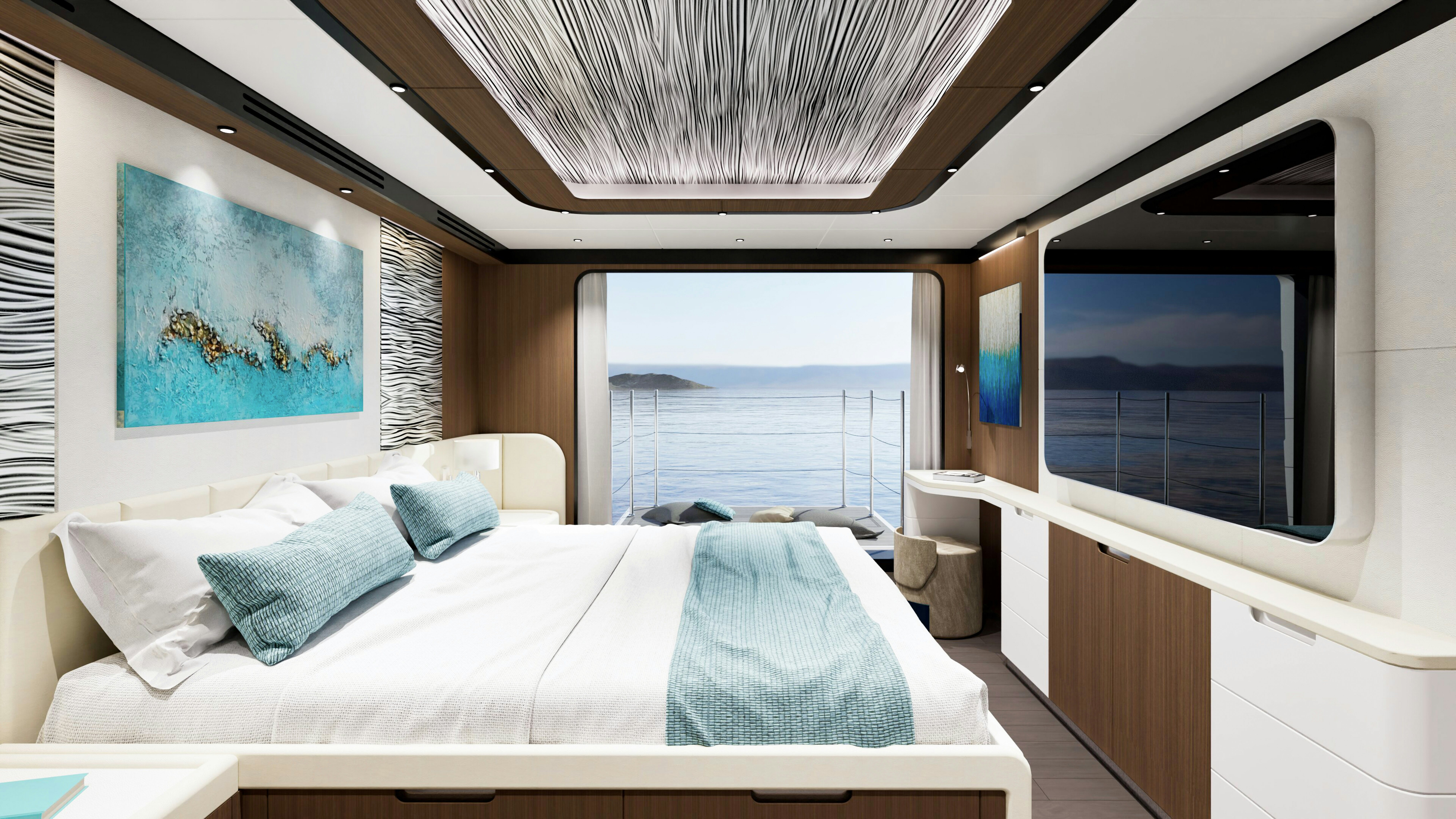 a room with a bed and a window aboard GX 42 RPH HULL #2 Yacht for Sale