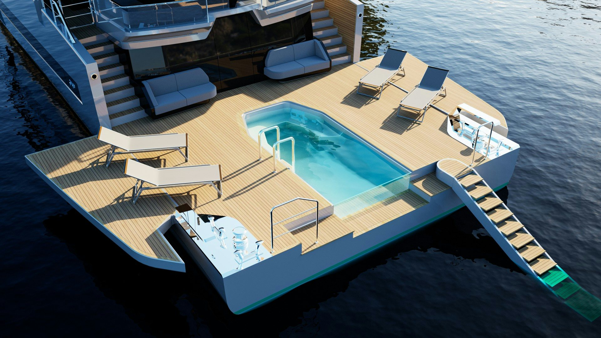 a large building next to a body of water aboard GX 42 RPH HULL #2 Yacht for Sale