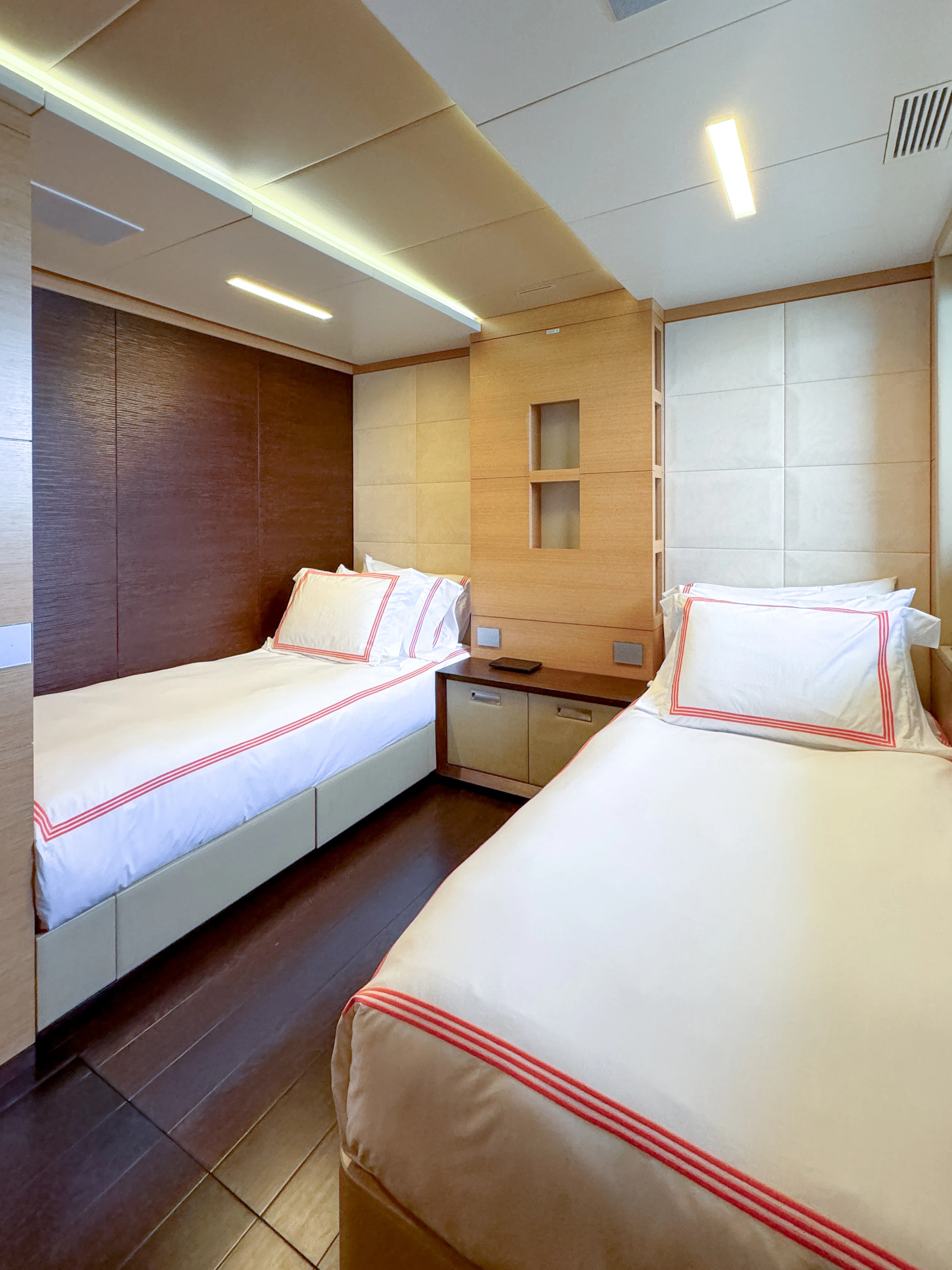 a couple of beds in a room aboard PATIENCE Yacht for Charter