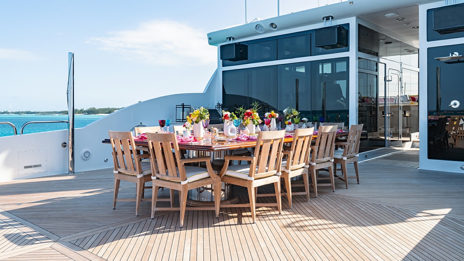 a table set up on a deck aboard IRON BLONDE Yacht for Charter