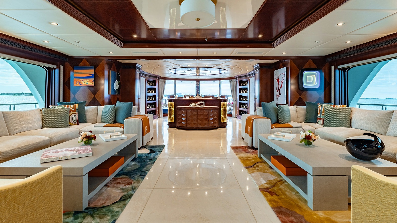 a large living room with a large open floor plan aboard IRON BLONDE Yacht for Charter