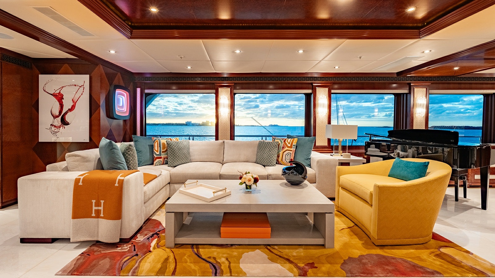 a living room with a large window aboard IRON BLONDE Yacht for Charter