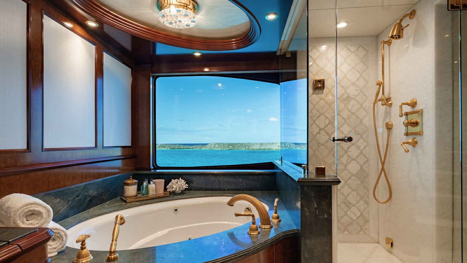 a bathroom with a large tub aboard IRON BLONDE Yacht for Charter