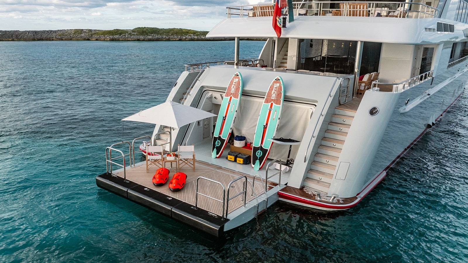 a boat with surfboards on it aboard IRON BLONDE Yacht for Charter